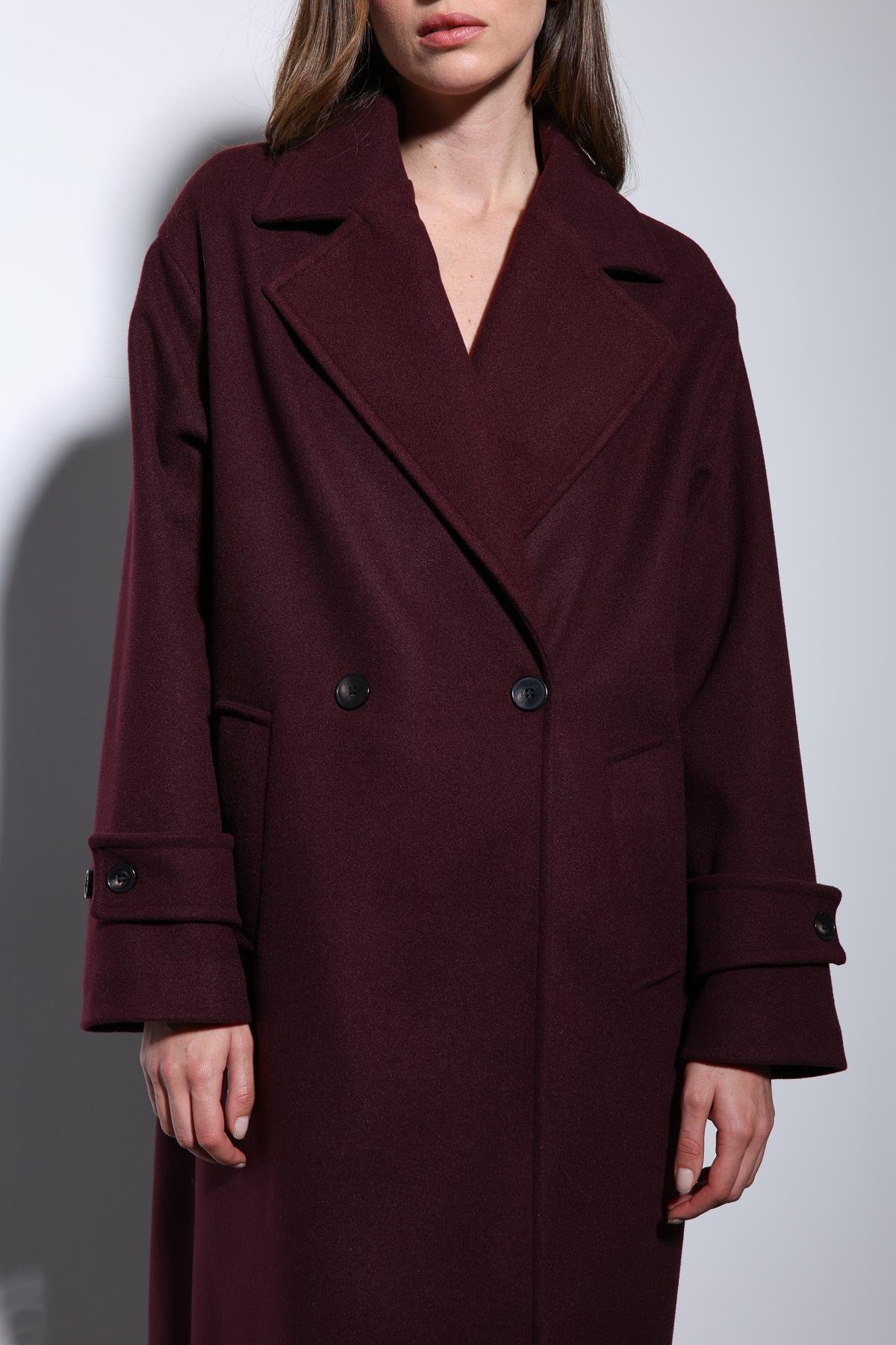 Antioch Bordo Kadın Yumuşak Dokulu Oversize Kruvaze Kaban