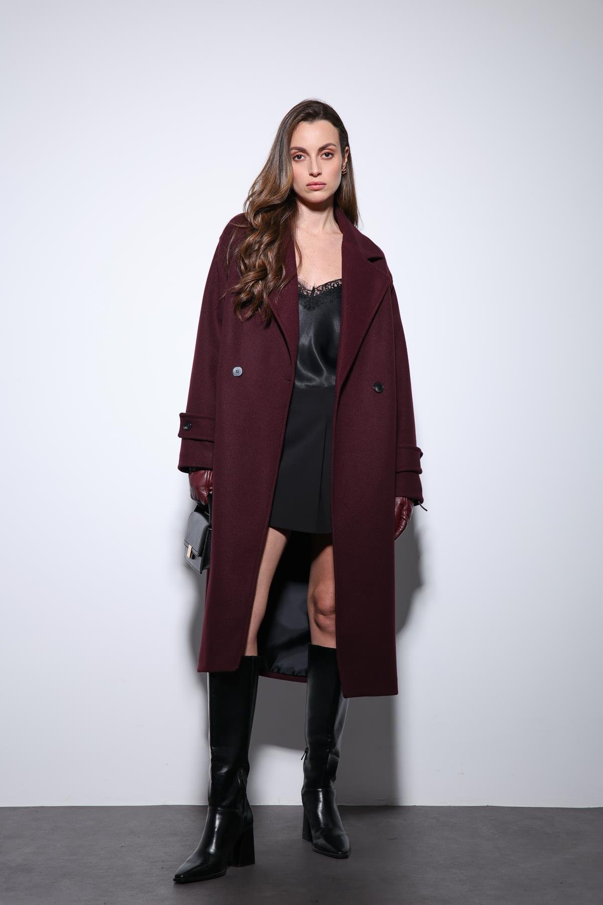 Antioch Bordo Kadın Yumuşak Dokulu Oversize Kruvaze Kaban