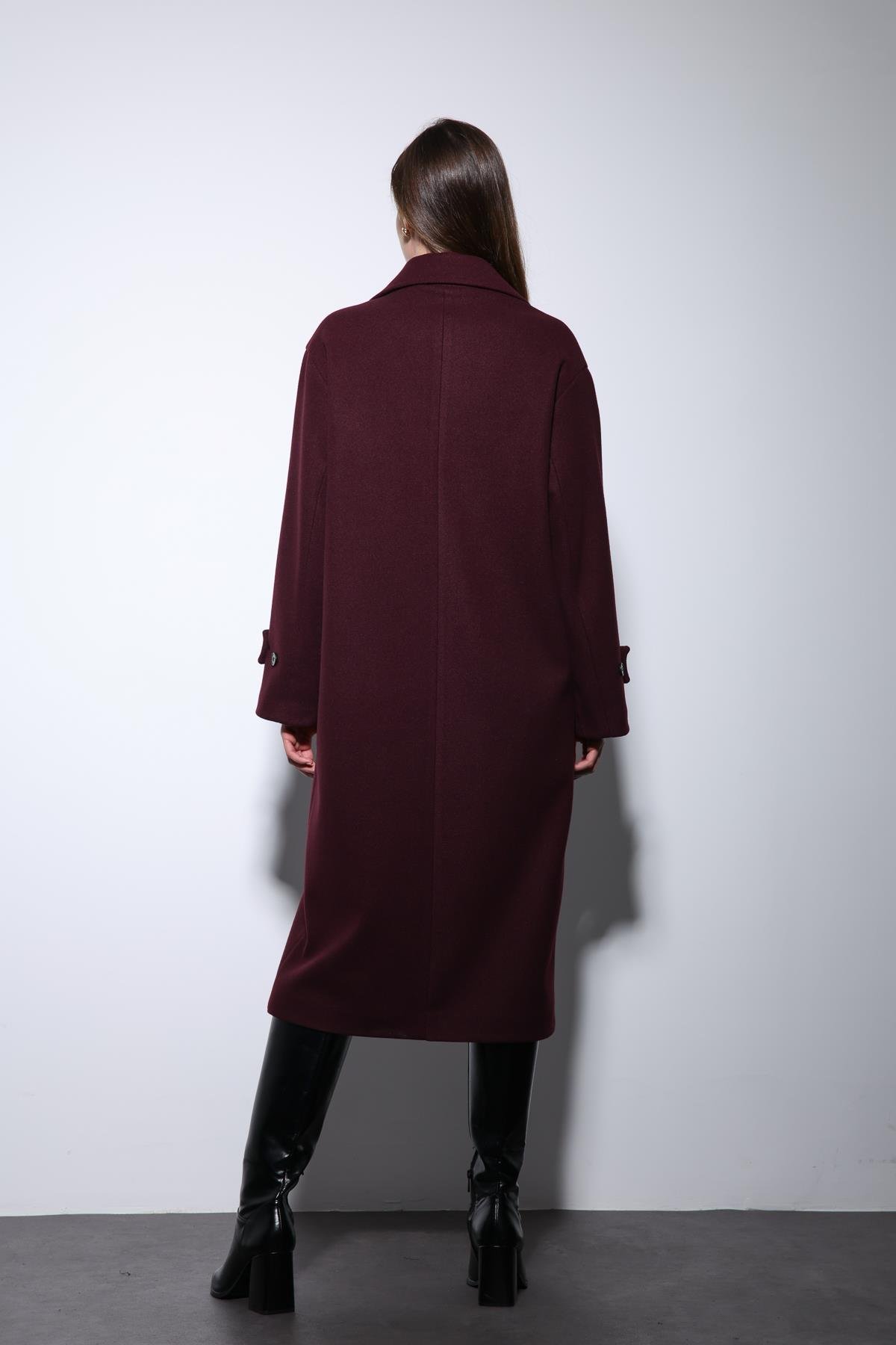 Antioch Bordo Kadın Yumuşak Dokulu Oversize Kruvaze Kaban