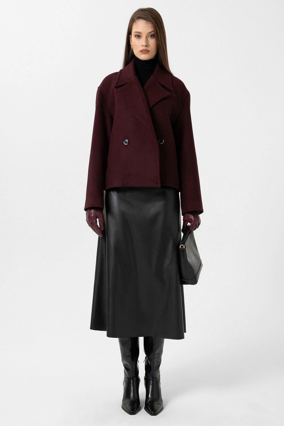 Antioch Bordo Kadın Yün Karışımlı Kruvaze Kapama Mont