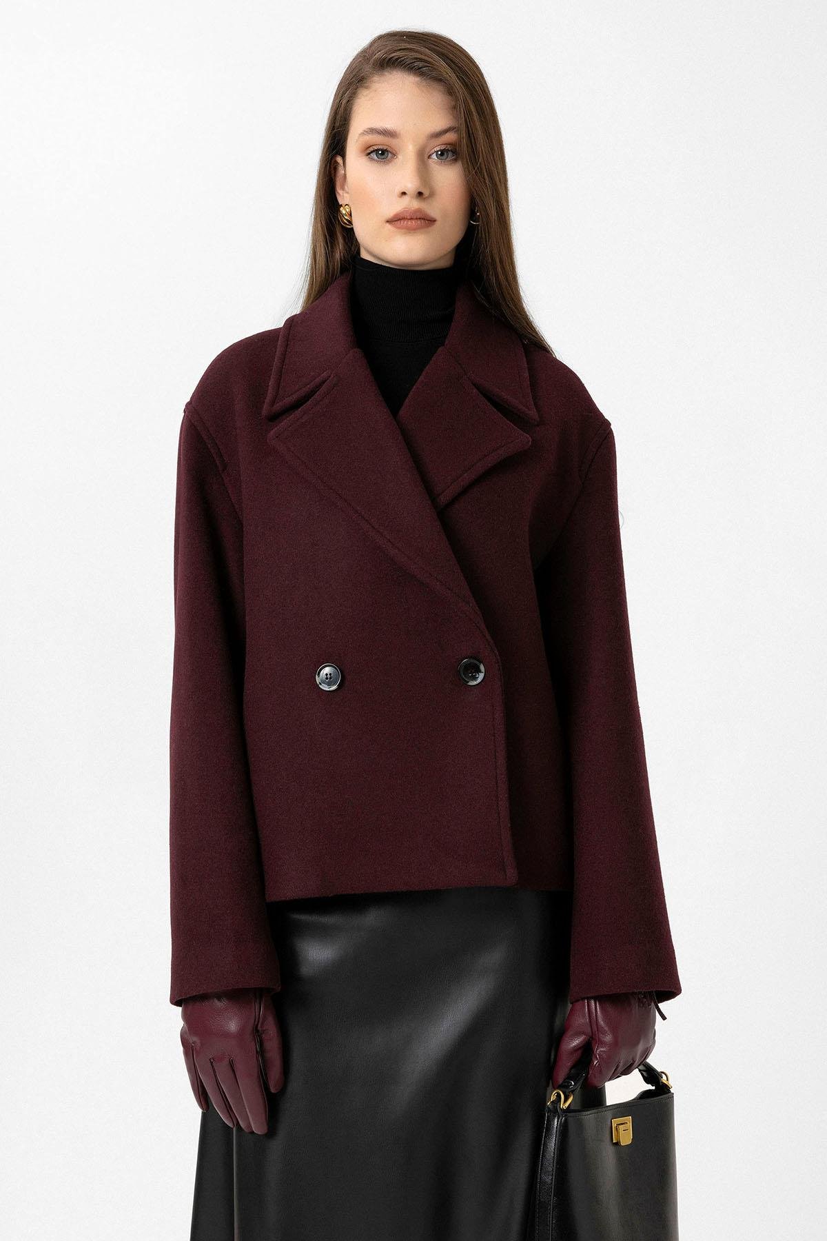 Antioch Bordo Kadın Yün Karışımlı Kruvaze Kapama Mont