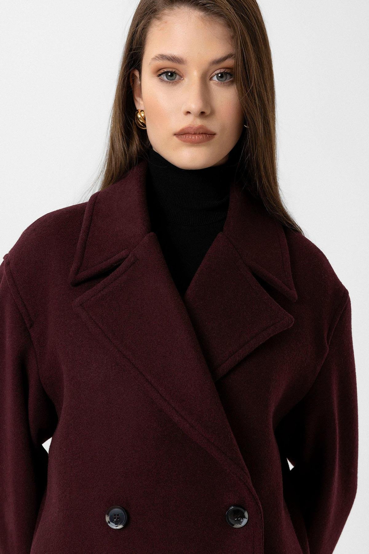 Antioch Bordo Kadın Yün Karışımlı Kruvaze Kapama Mont