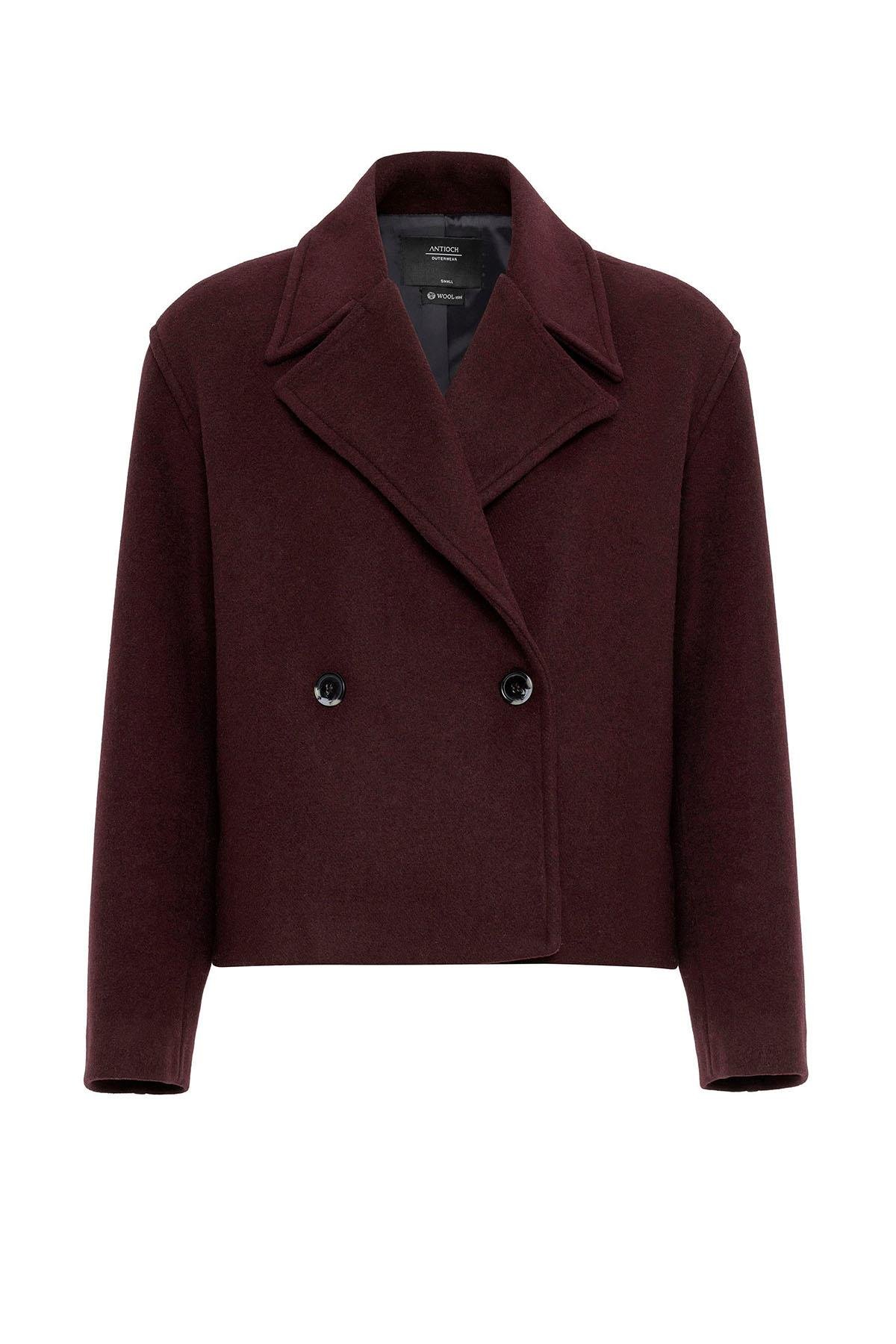 Antioch Bordo Kadın Yün Karışımlı Kruvaze Kapama Mont