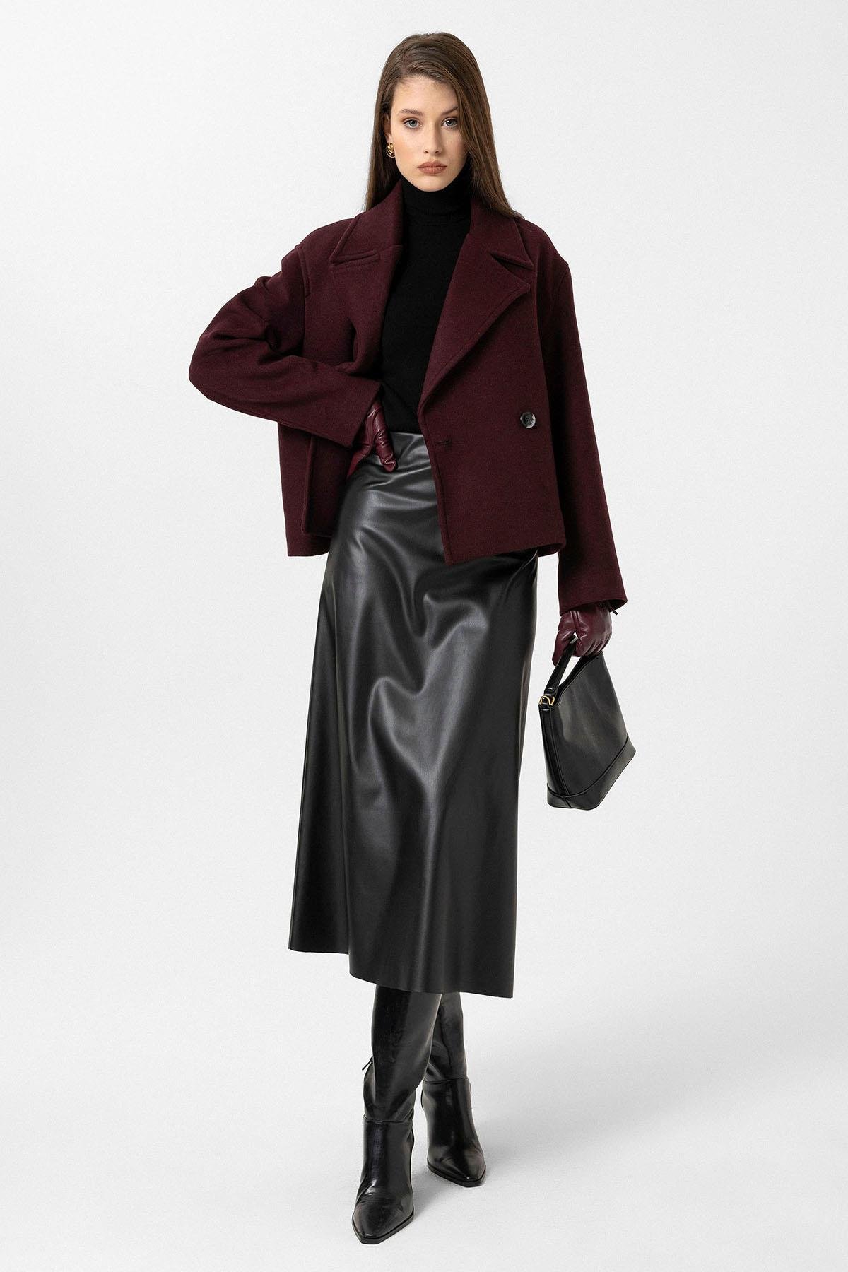 Antioch Bordo Kadın Yün Karışımlı Kruvaze Kapama Mont