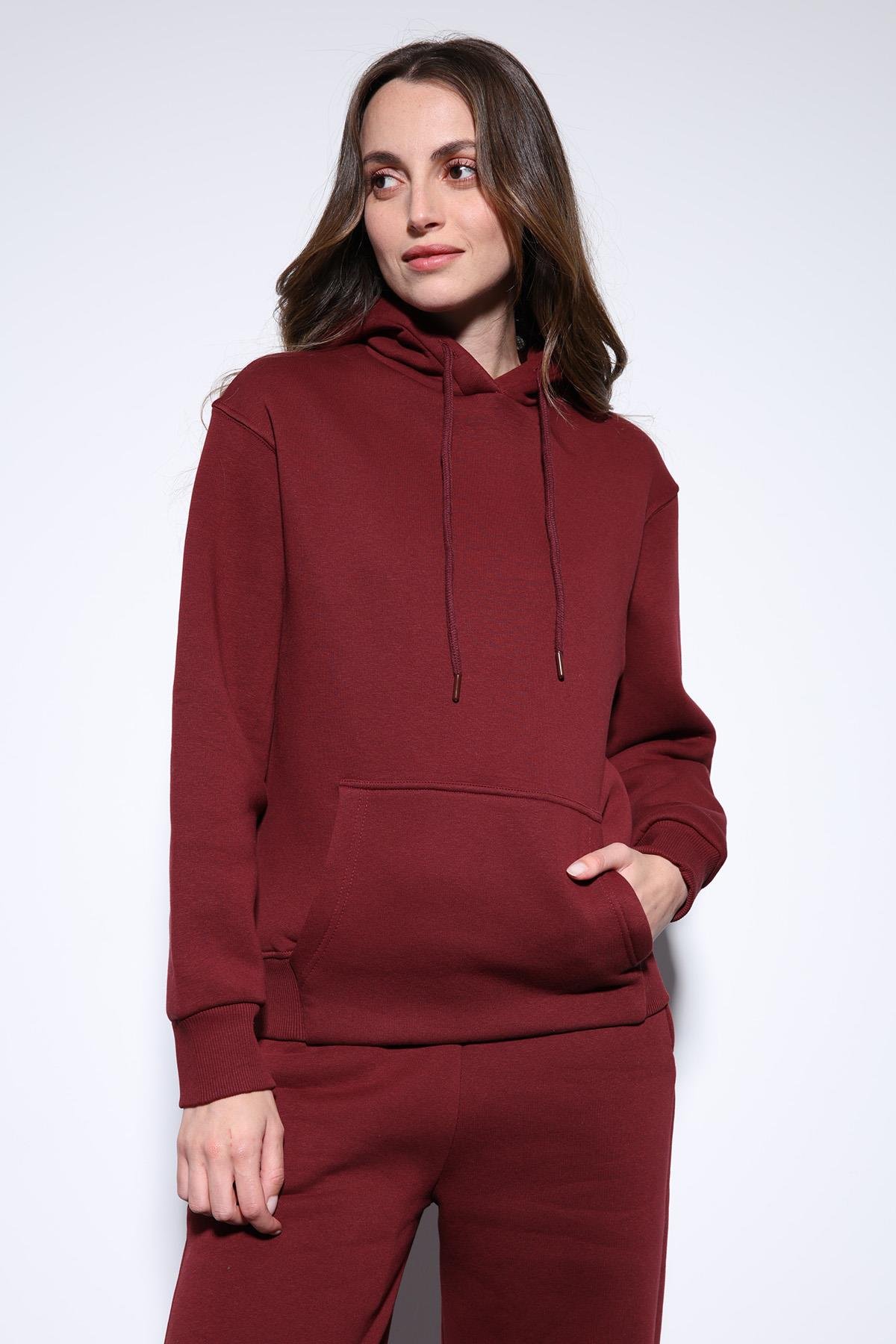 Antioch Bordo Kapüşonlu Basic Kadın Sweatshirt