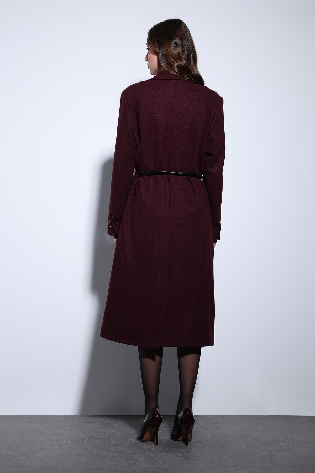 Antioch Bordo Kemerli Kruvaze Kadın Kaban