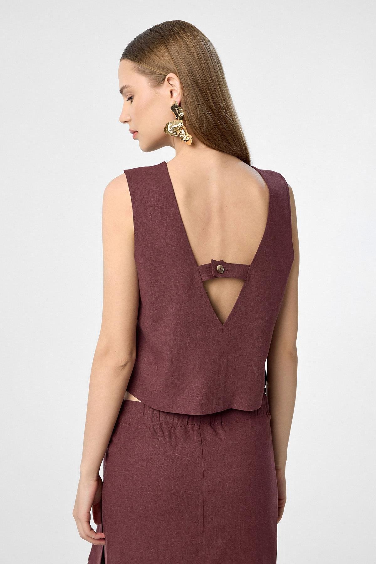 Antioch Bordo Keten Karışımlı Kadın Bluz