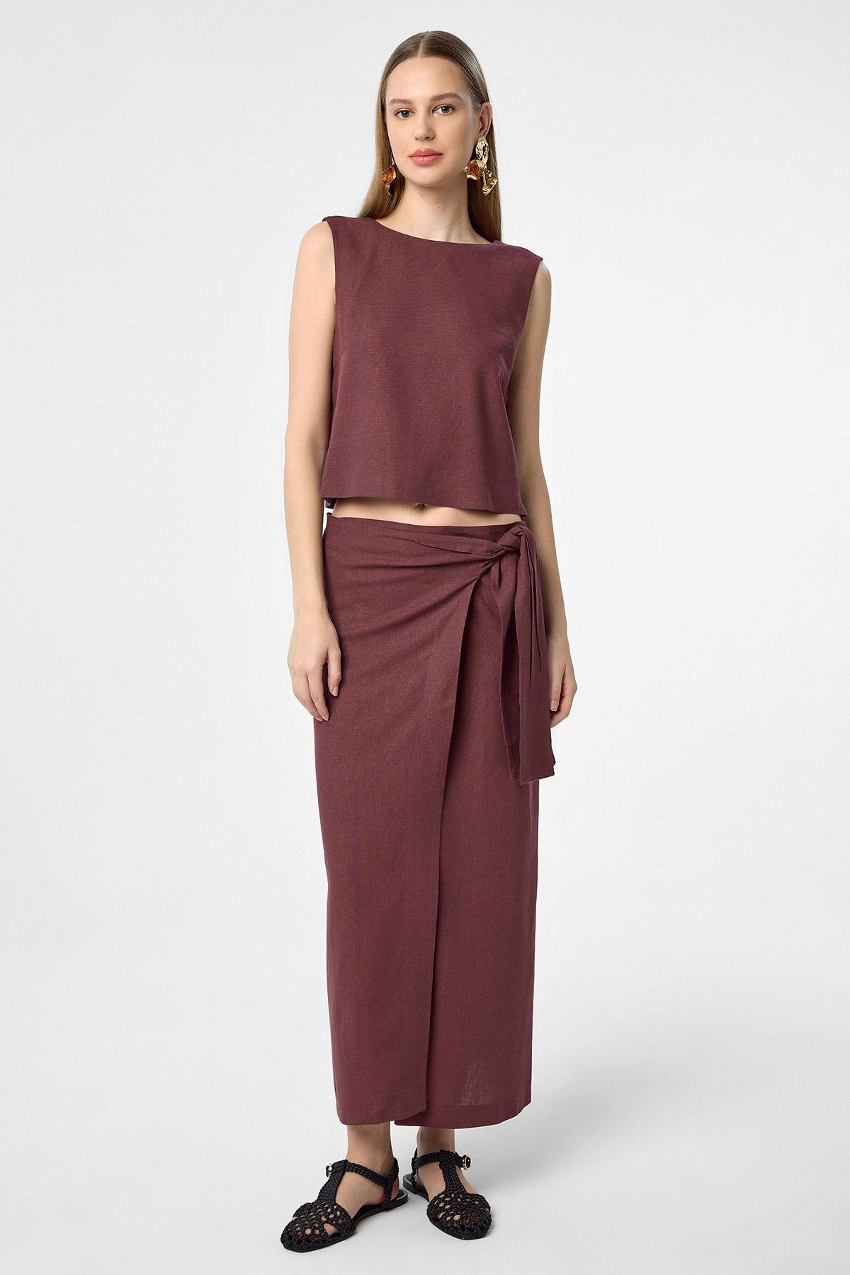 Antioch Bordo Keten Karışımlı Kadın Bluz