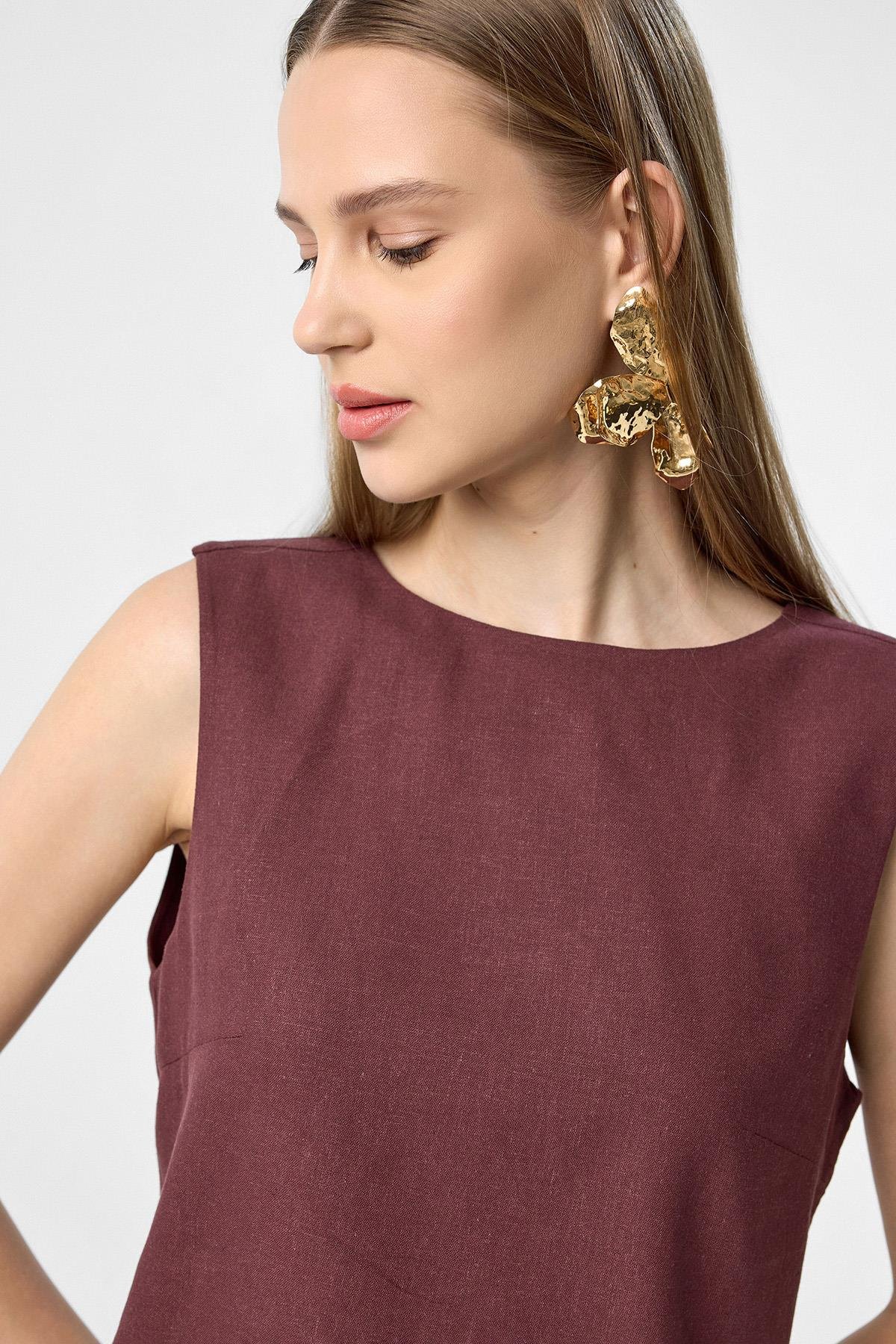 Antioch Bordo Keten Karışımlı Kadın Bluz