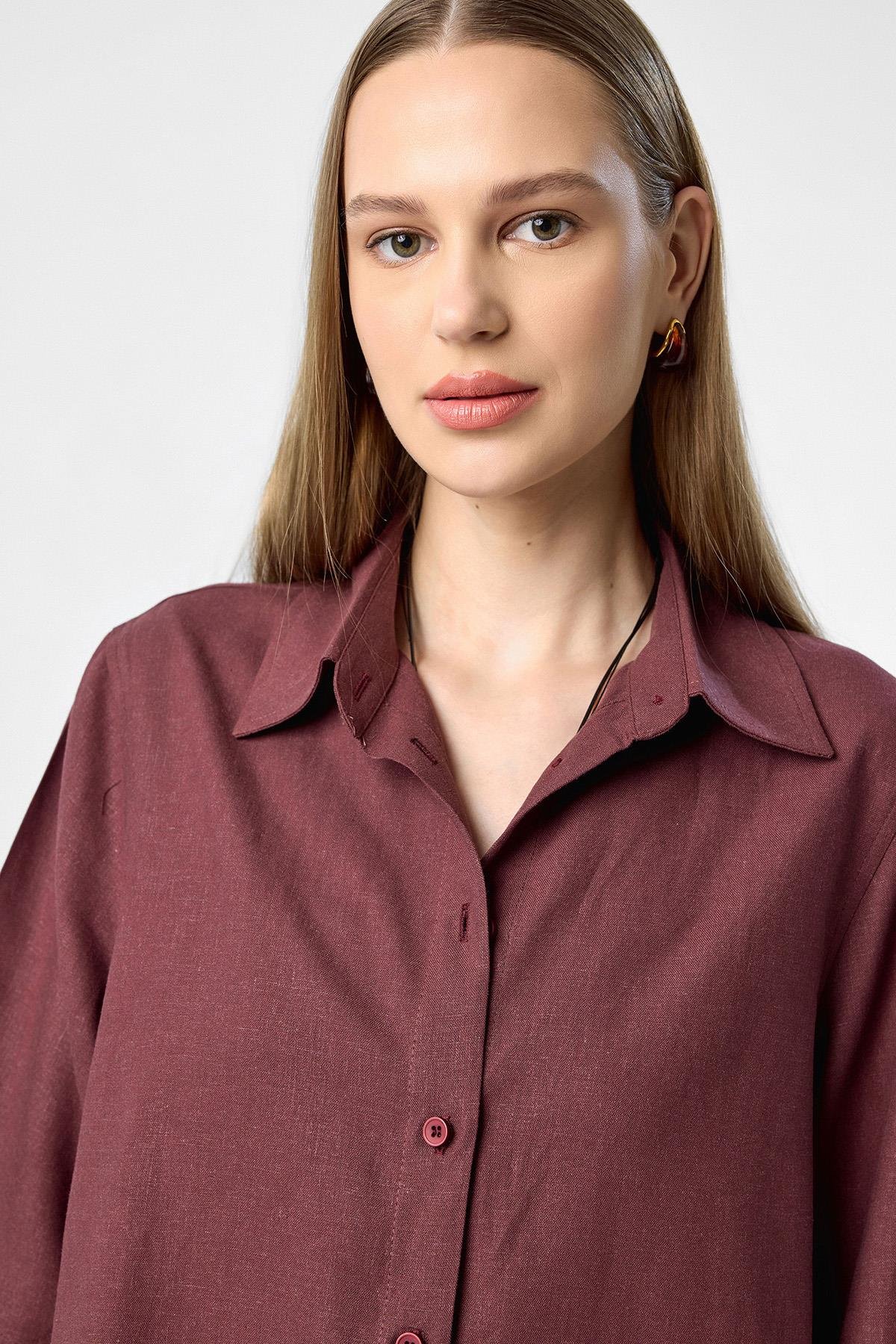 Antioch Bordo Keten Karışımlı Kadın Gömlek