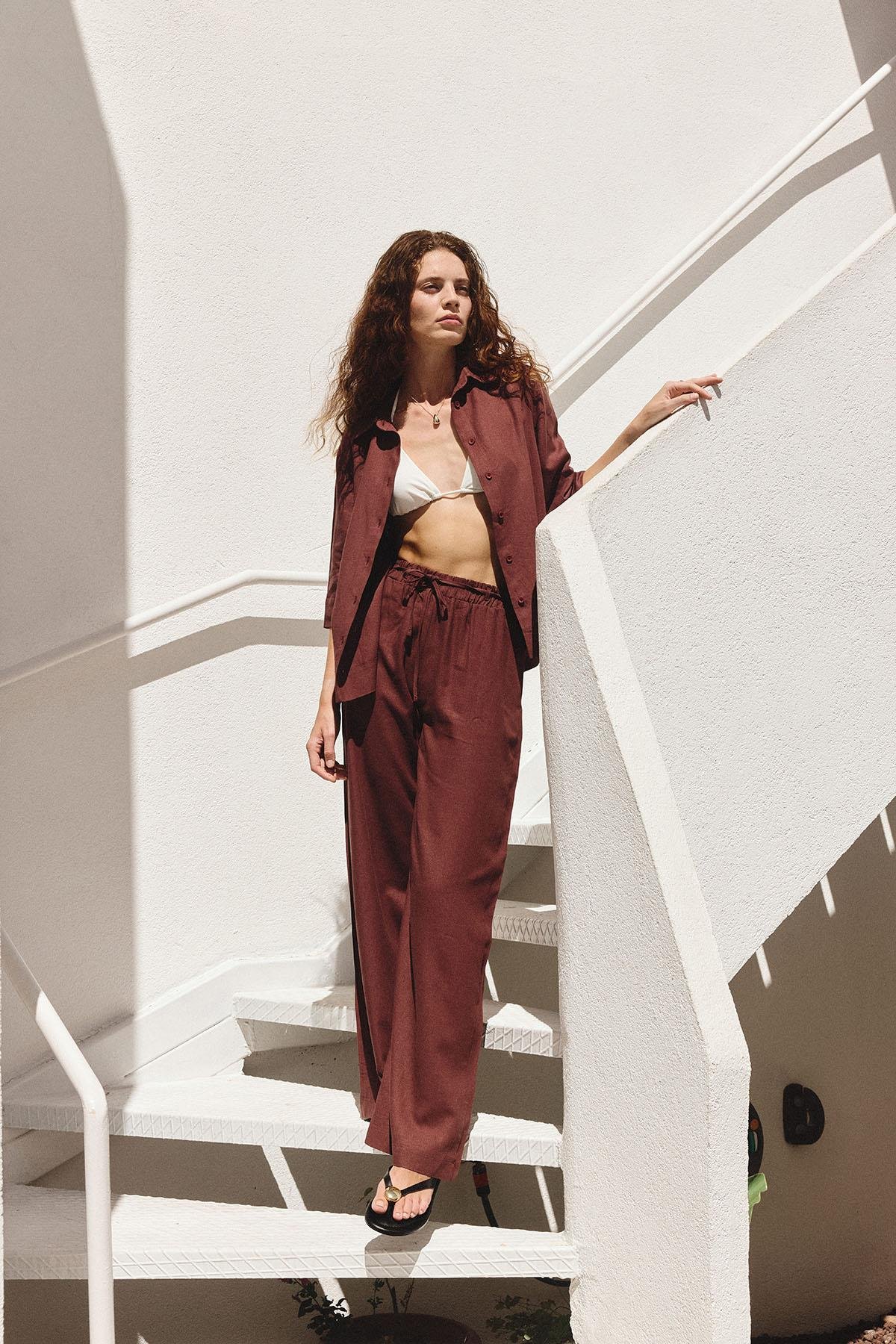 Antioch Bordo Keten Karışımlı Kadın Pantolon