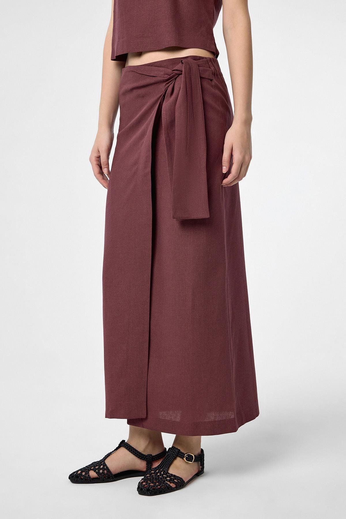 Antioch Bordo Keten Karışımlı Kuşaklı Kadın Etek