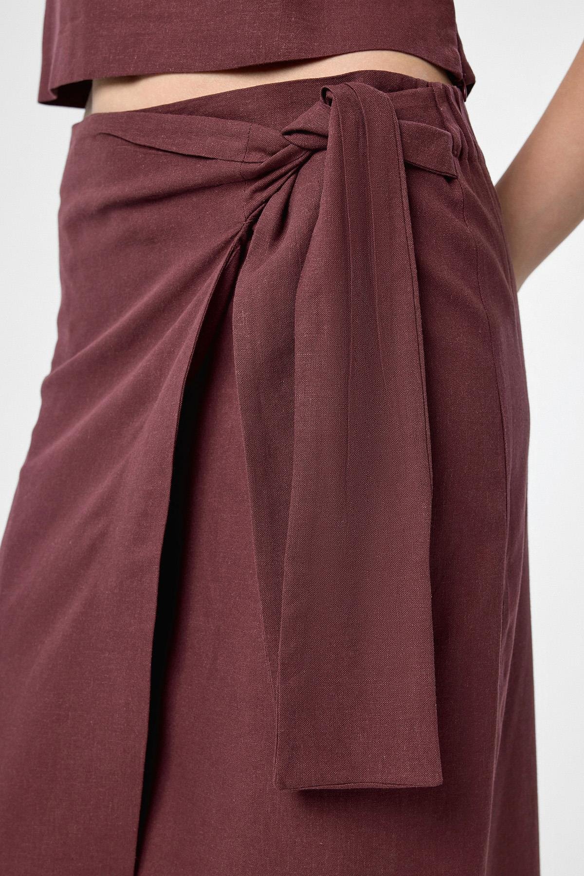 Antioch Bordo Keten Karışımlı Kuşaklı Kadın Etek