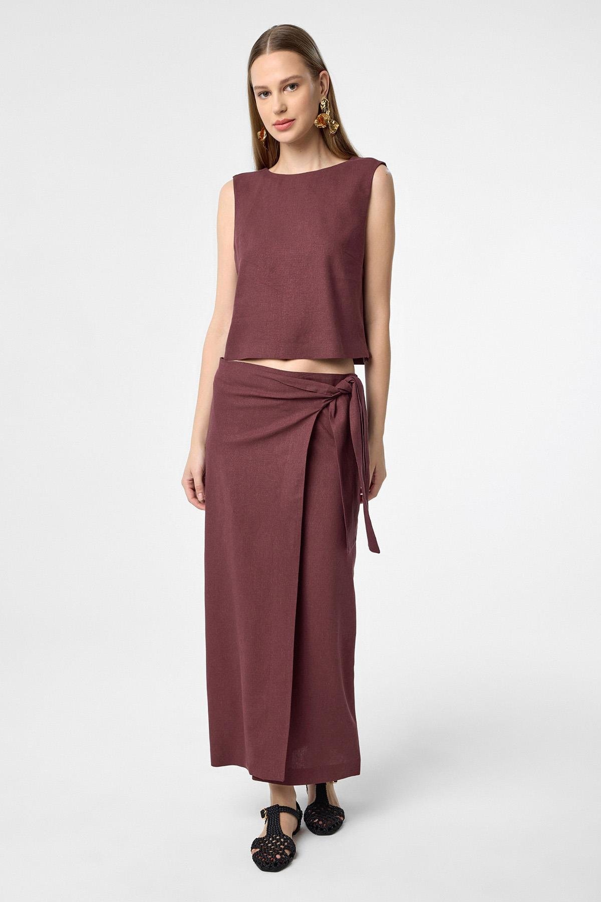 Antioch Bordo Keten Karışımlı Kuşaklı Kadın Etek