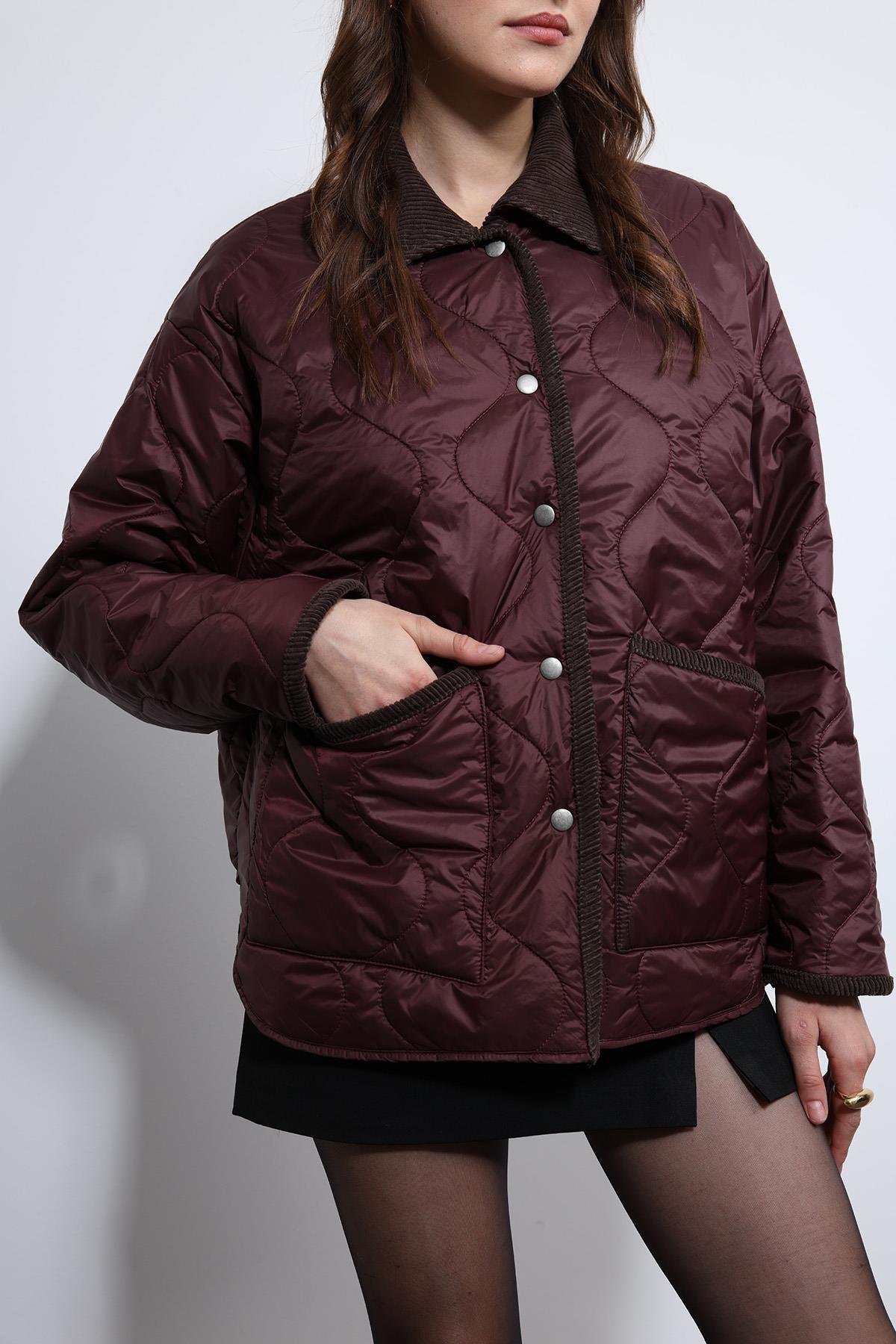 Antioch Bordo Kontrast Yaka Desenli Mont