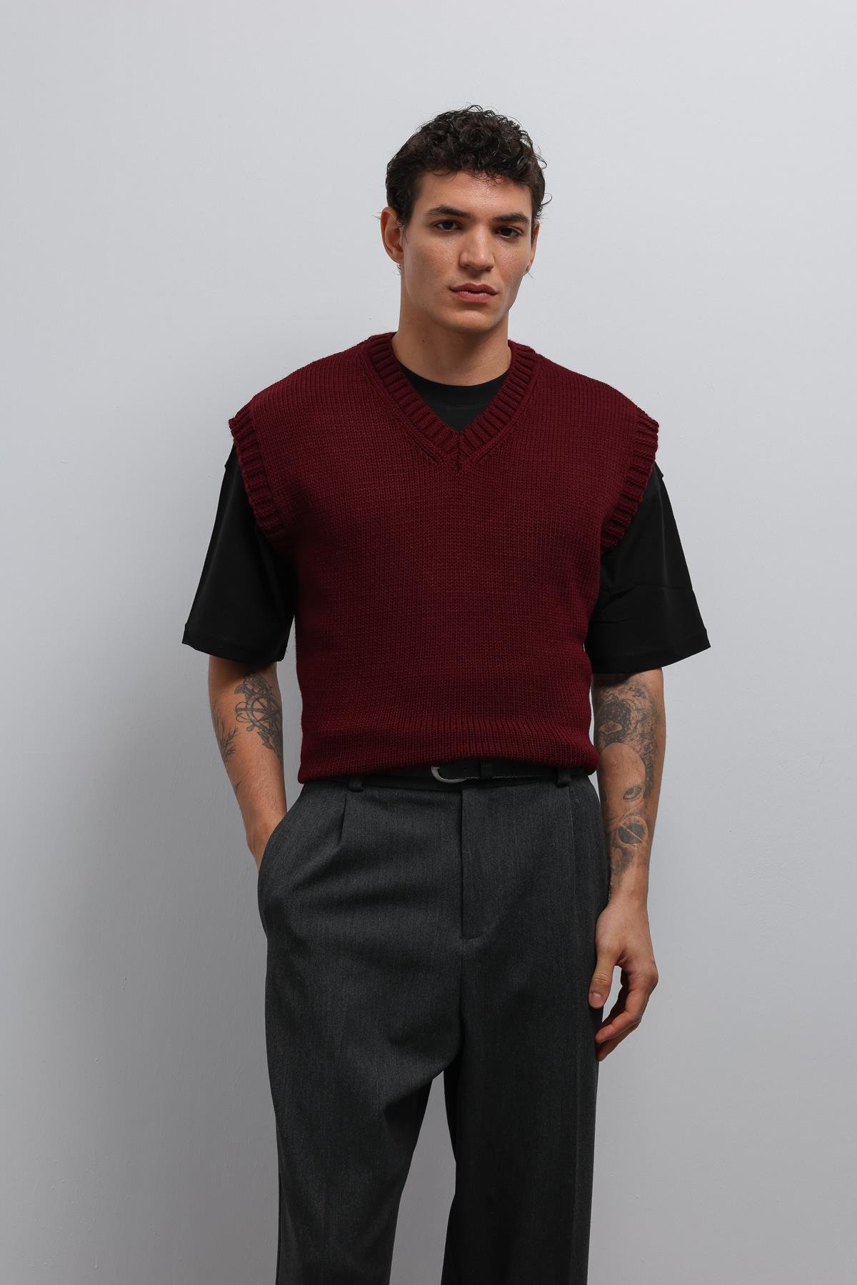 Antioch Bordo Örgü Erkek Triko Yelek