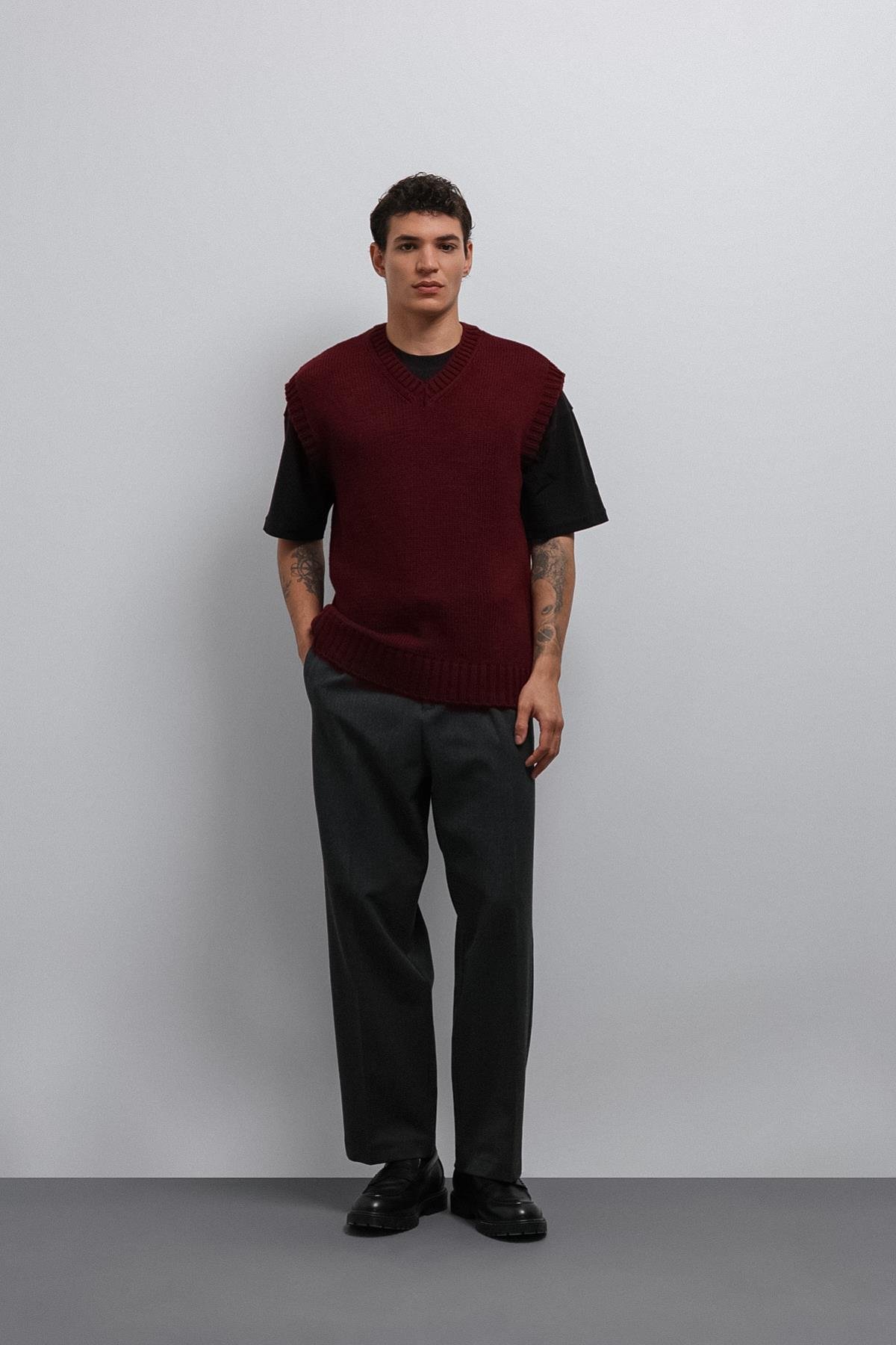 Antioch Bordo Örgü Erkek Triko Yelek