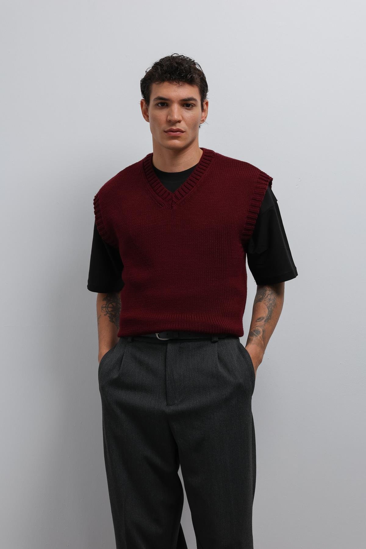 Antioch Bordo Örgü Erkek Triko Yelek