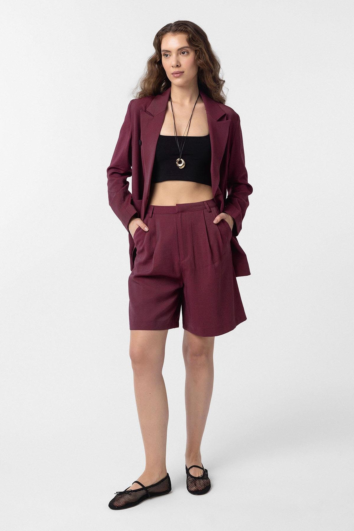 Antioch Bordo Pilili Kadın Bermuda Şort