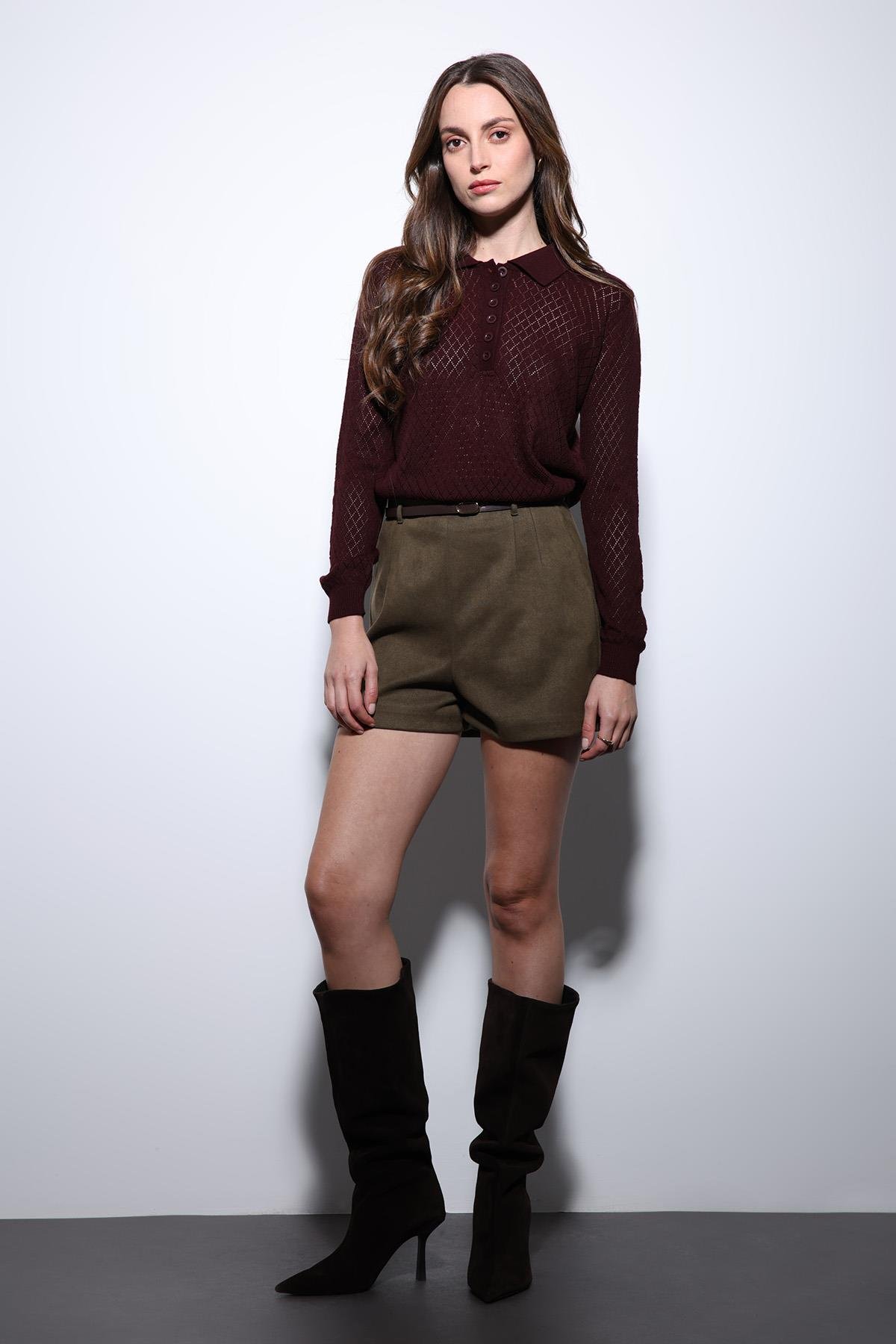 Antioch Bordo Polo Yaka Desenli Triko Kadın Kazak