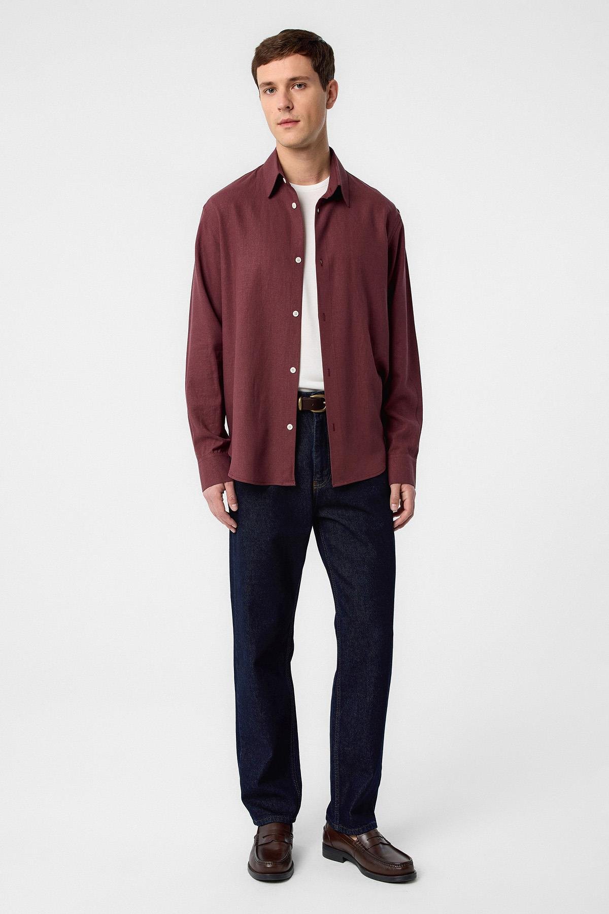 Antioch Bordo Relax Fit Keten Karışımlı Erkek Gömlek