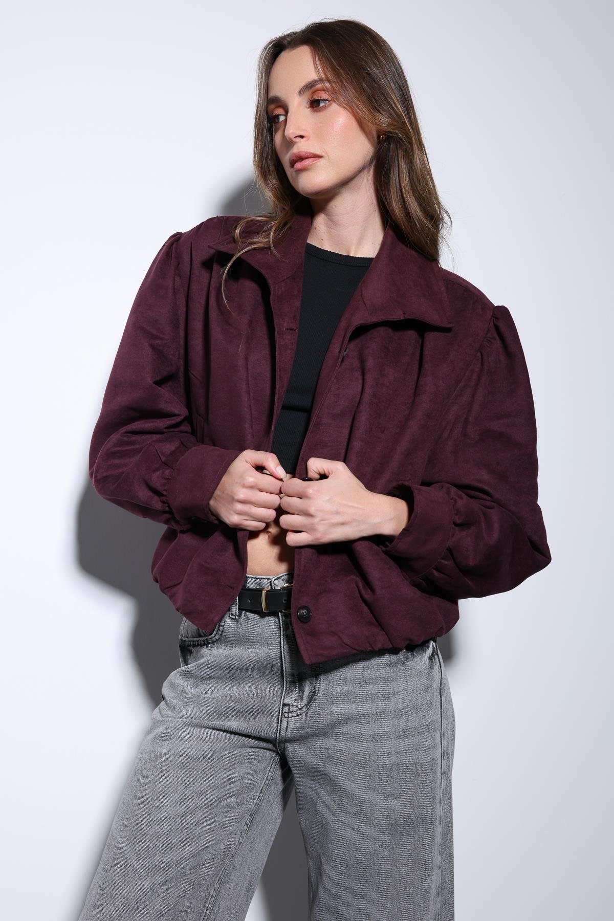 Antioch Bordo Süet Görünümlü Bomber Kadın Ceket