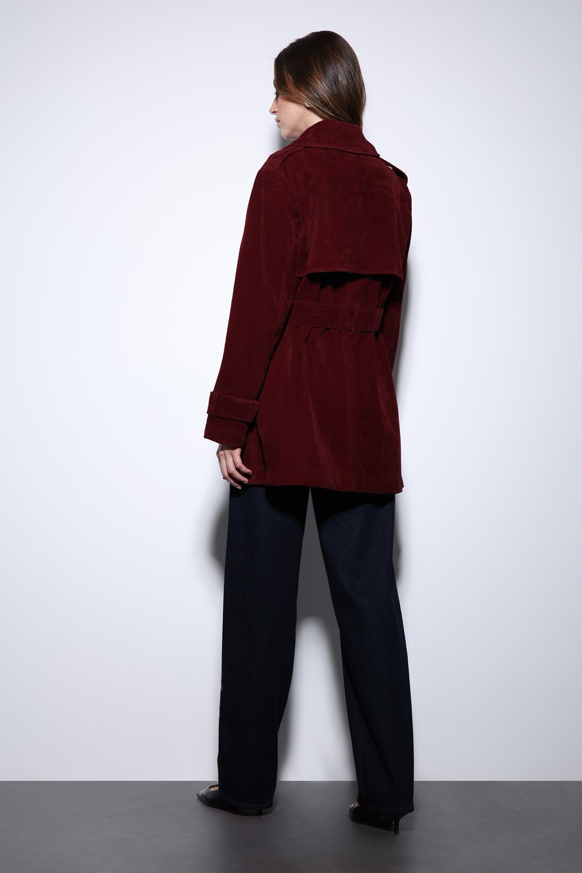 Antioch Bordo Süet Görünümlü Kadın Trençkot