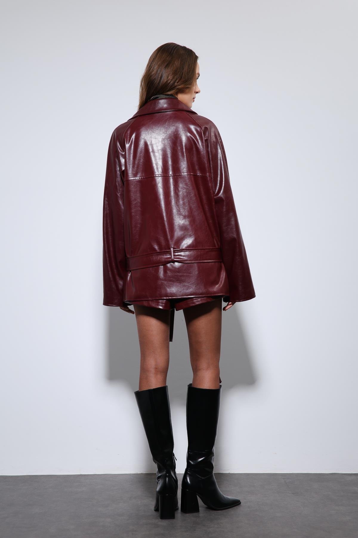 Antioch Bordo Suni Deri Kemerli Trençkot