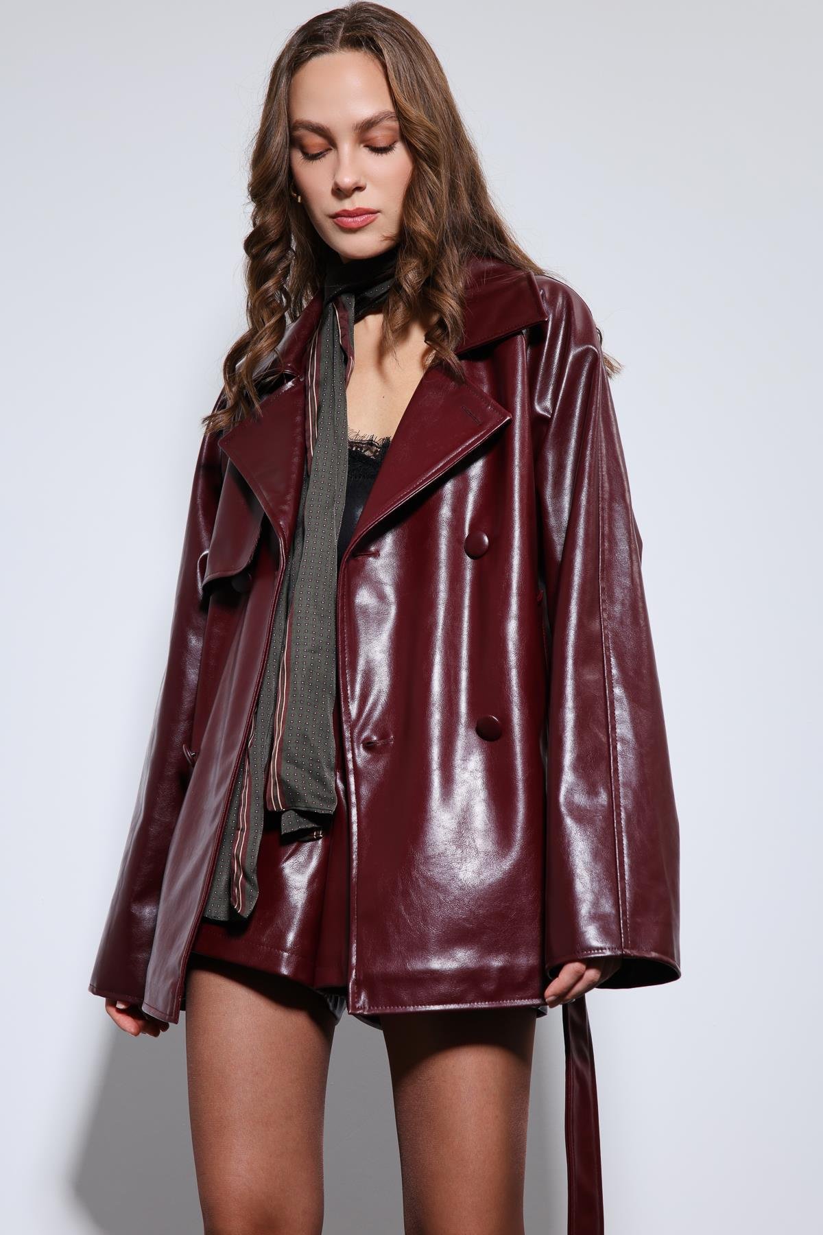 Antioch Bordo Suni Deri Kemerli Trençkot