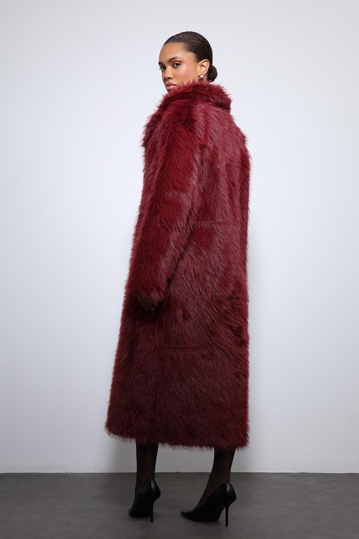 Antioch Bordo Suni Kürklü Uzun Kaban