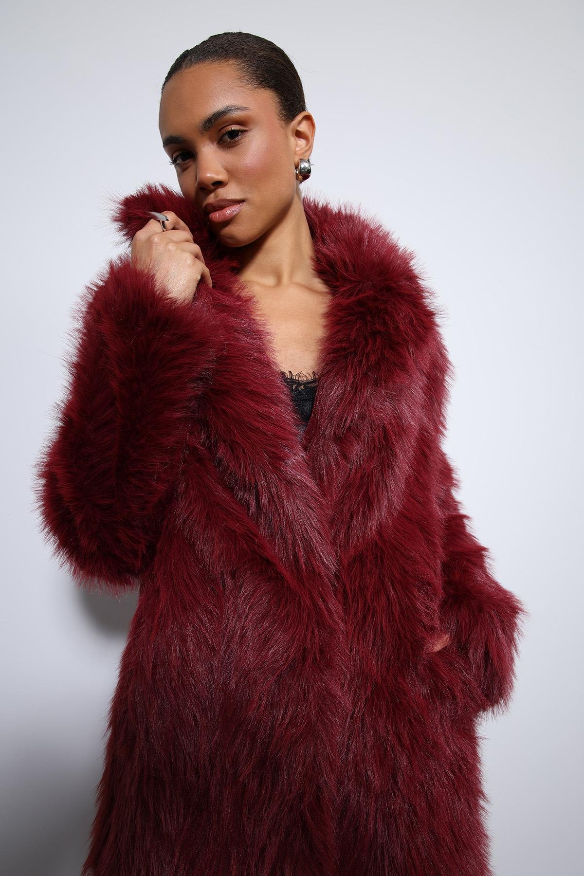 Antioch Bordo Suni Kürklü Uzun Kaban