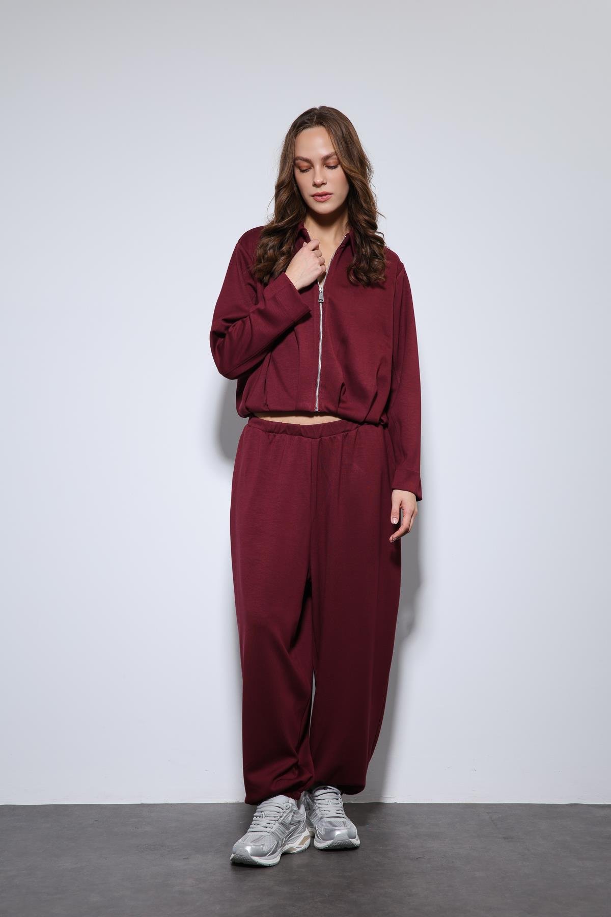 Antioch Bordo Volümlü Ceket ve Paça Lastikli Eşofman Takım