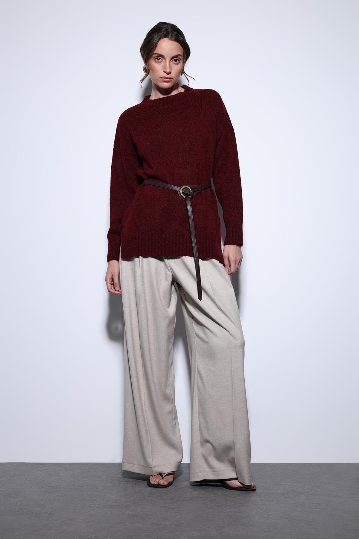 Antioch Bordo Yırtmaç Detaylı Kadın Kazak