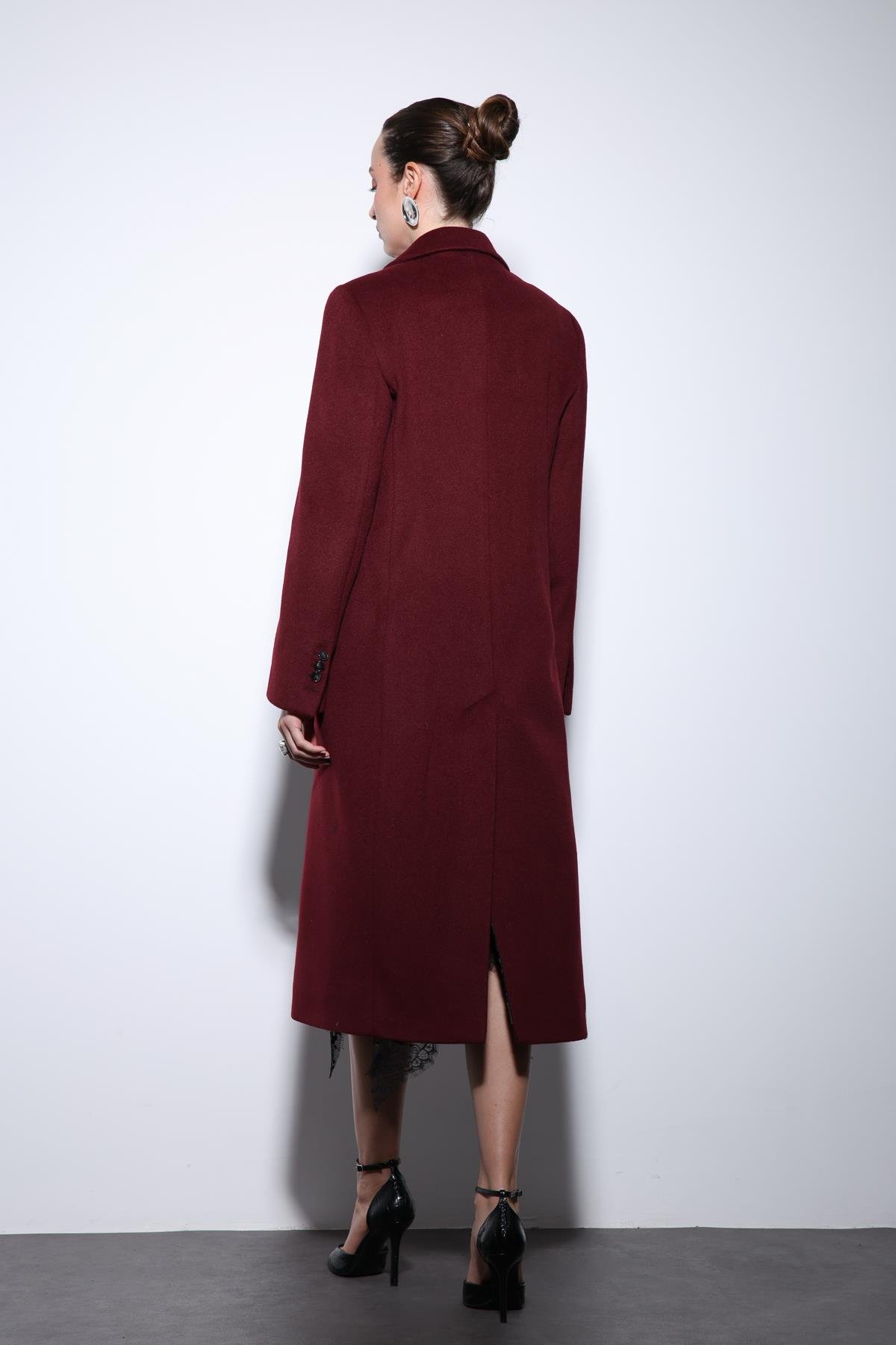 Antioch Bordo Yün Karışımlı Kruvaze Kadın Kaban