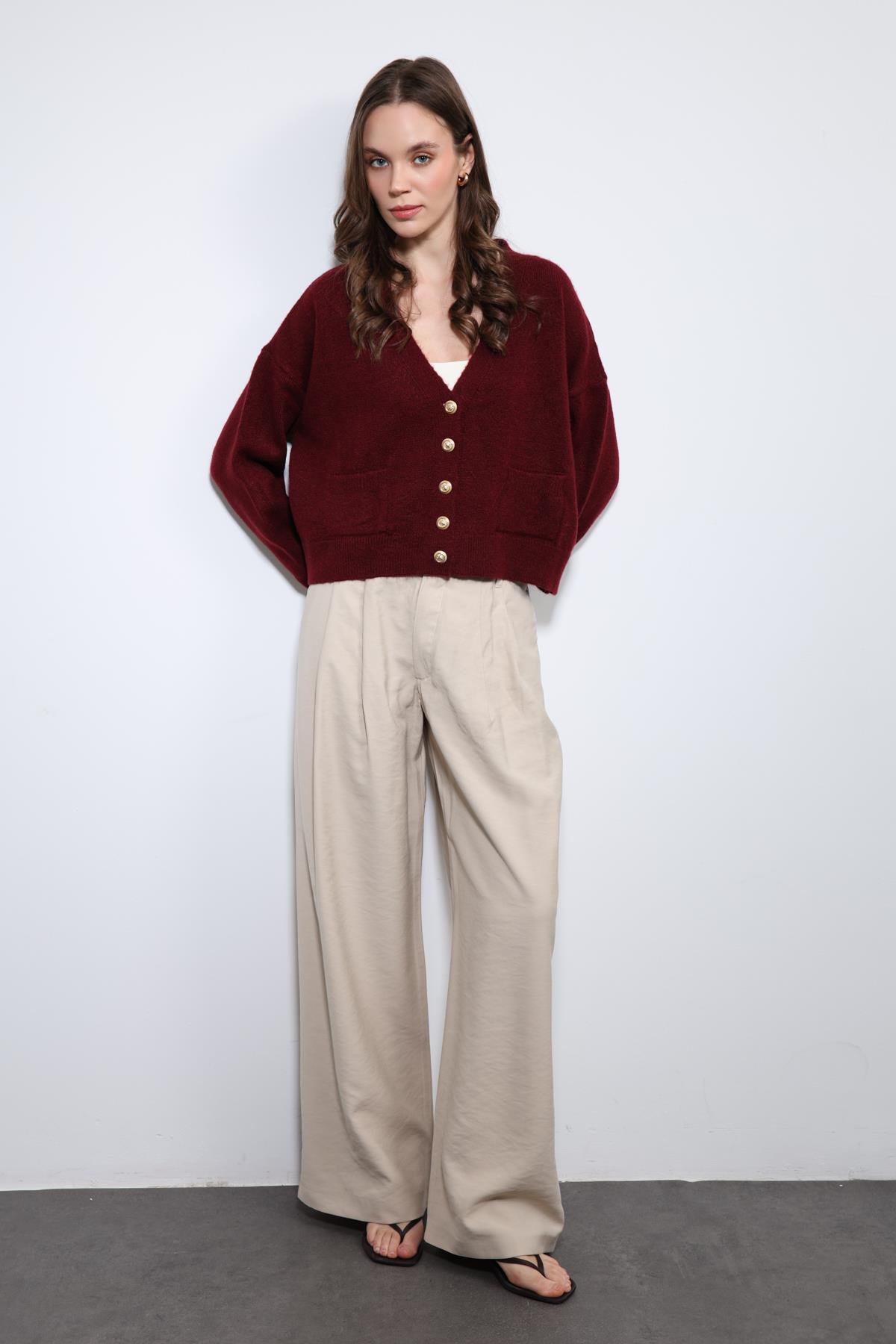 Antioch Bordo Yün Karışımlı Örme Triko Hırka