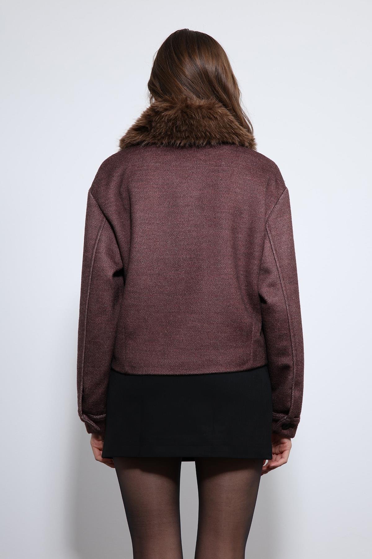 Antioch Bordo Yün Karışımlı Suni Kürk Yaka Ceket