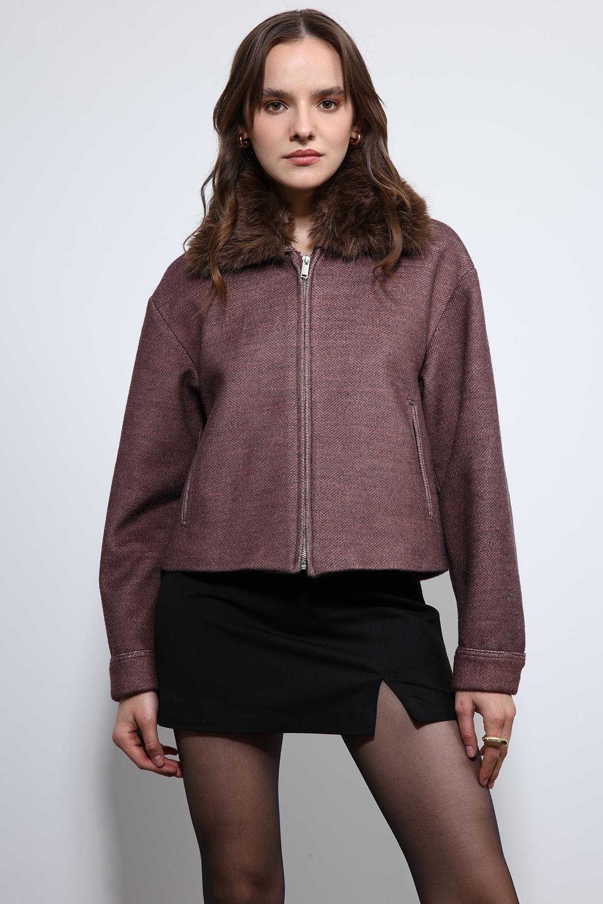 Antioch Bordo Yün Karışımlı Suni Kürk Yaka Ceket