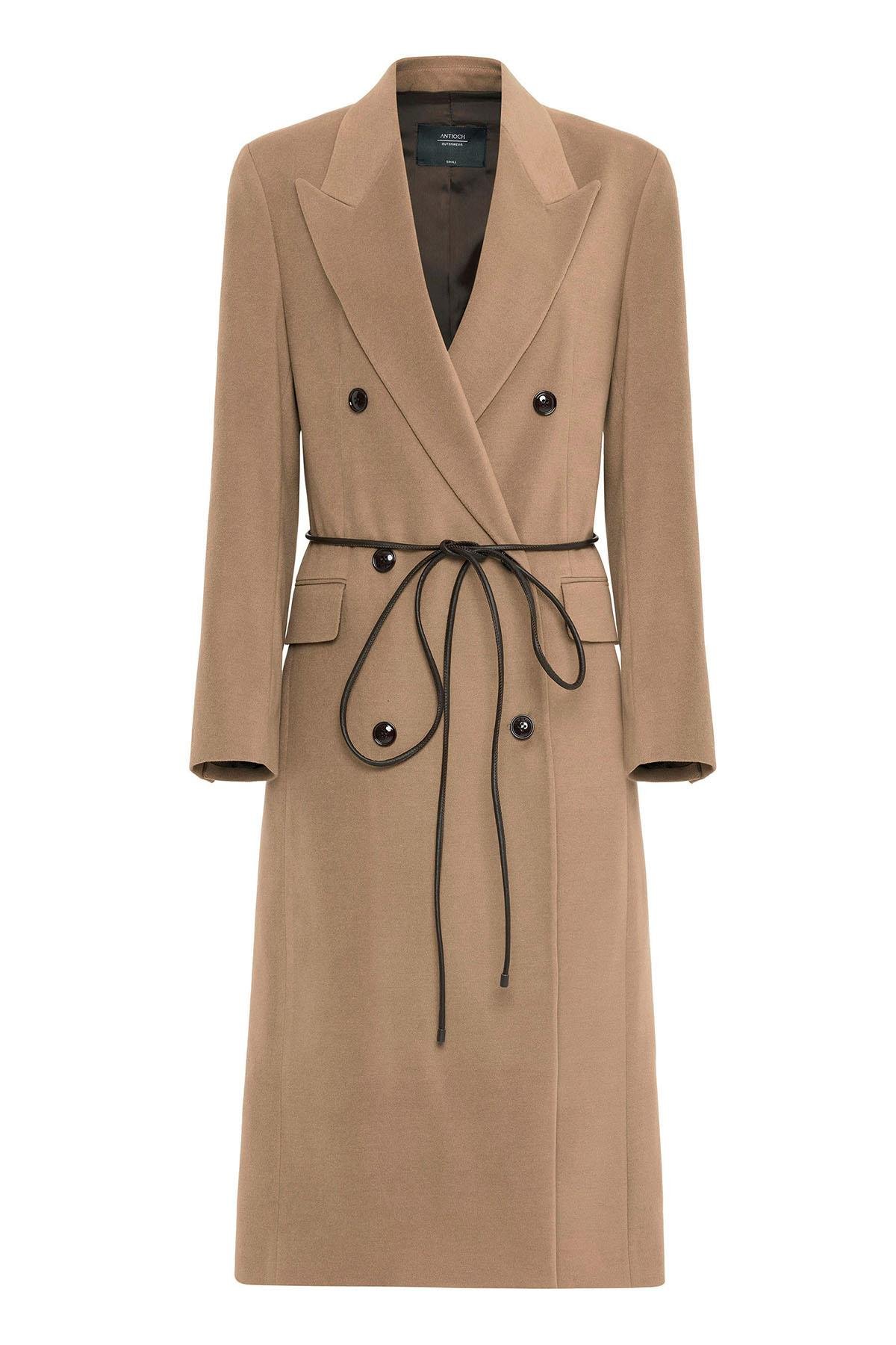 Antioch Camel Kadın Kemerli Kruvaze Kaban