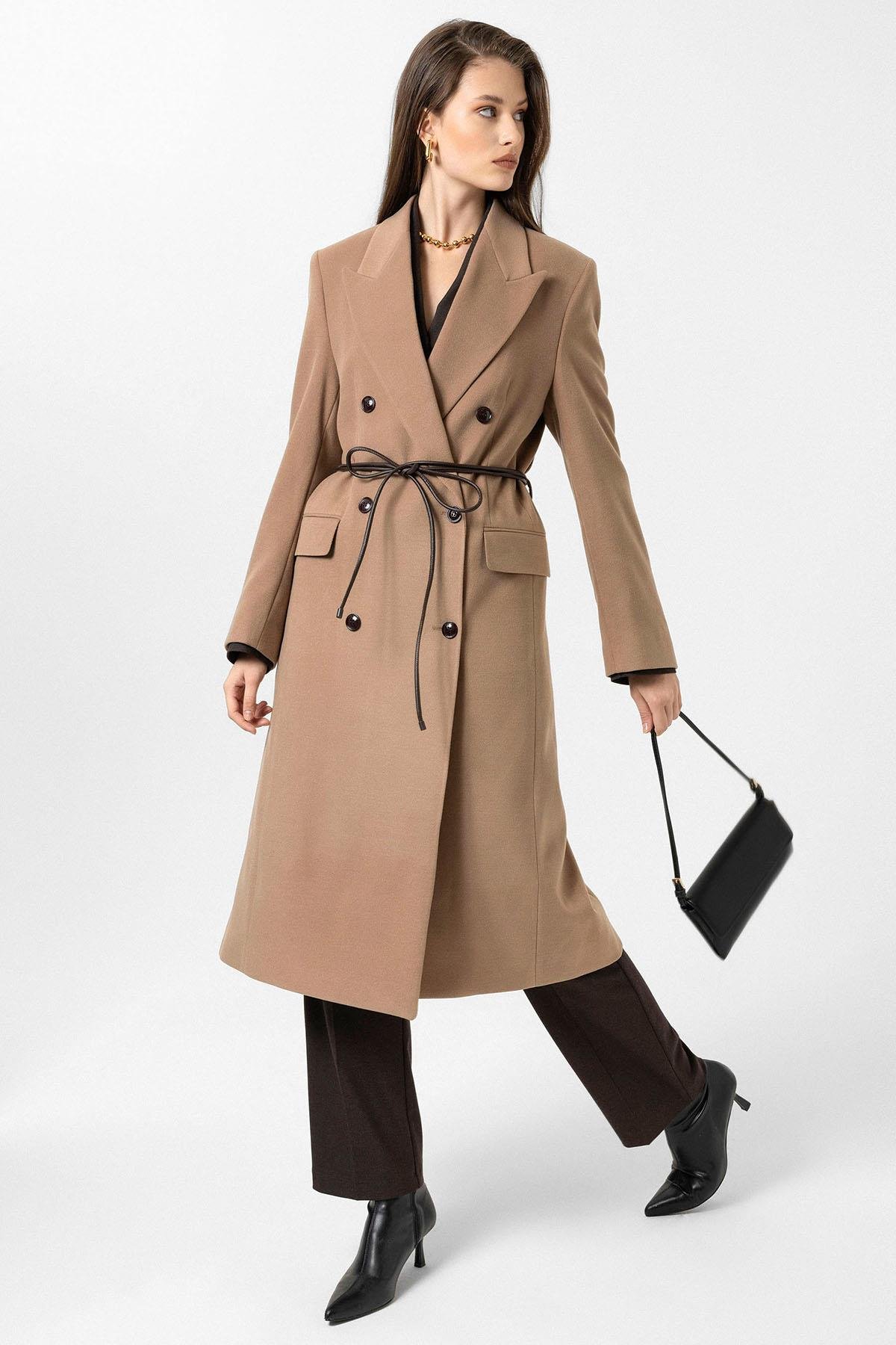 Antioch Camel Kadın Kemerli Kruvaze Kaban