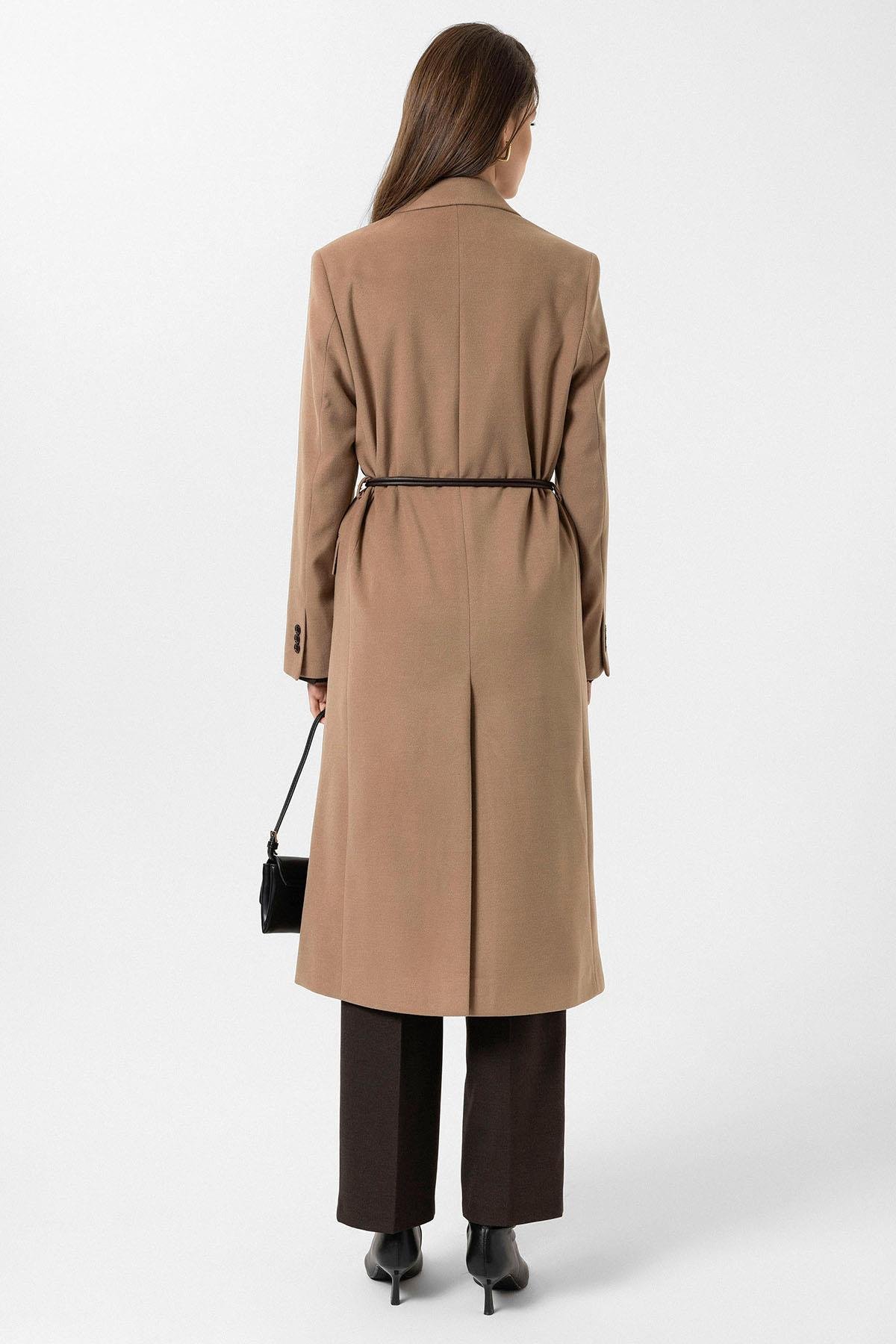 Antioch Camel Kadın Kemerli Kruvaze Kaban