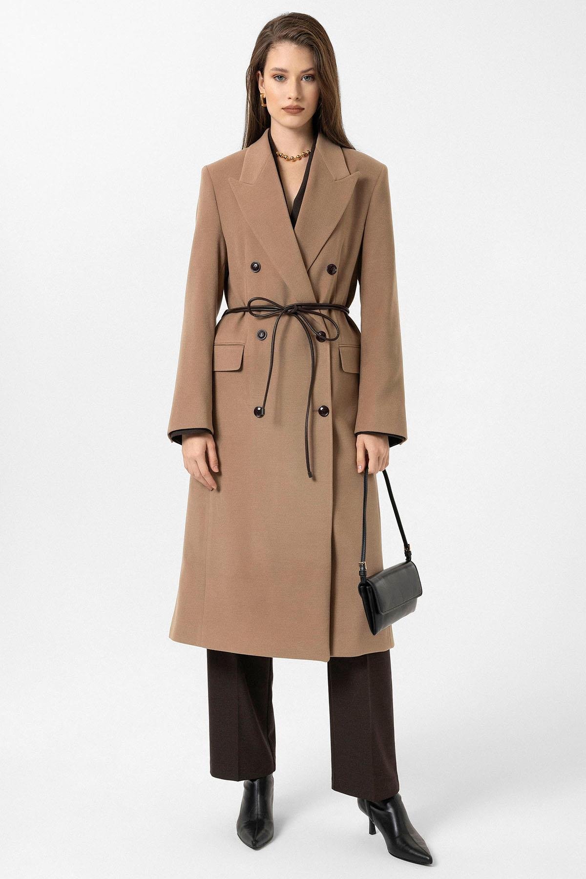 Antioch Camel Kadın Kemerli Kruvaze Kaban