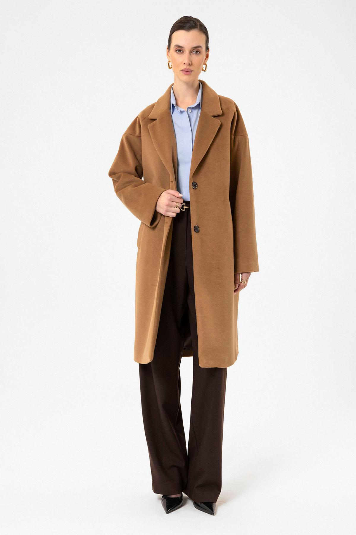 Antioch Camel Kadın Yün Karışımlı Dokulu Kaban