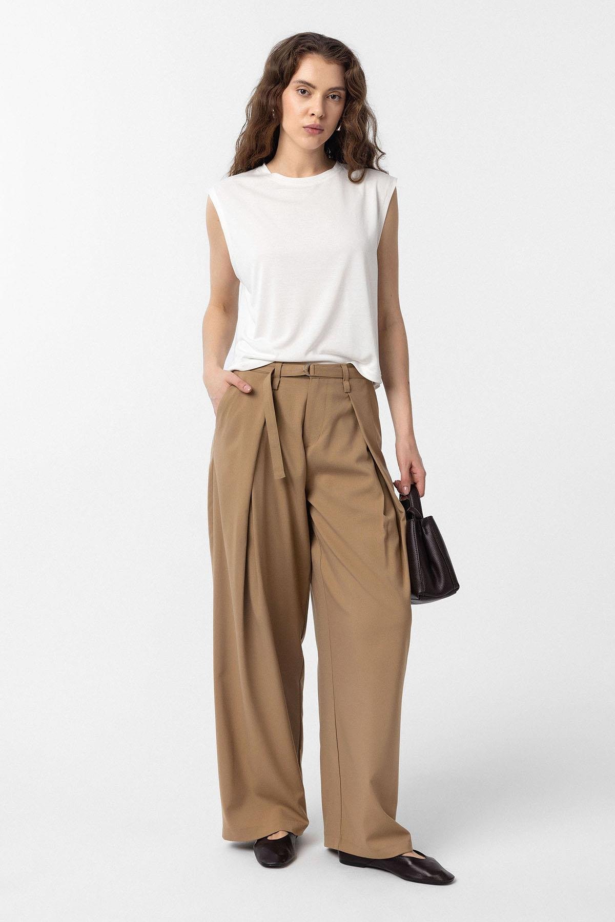 Antioch Camel Kemerli Pilili Kadın Pantolon