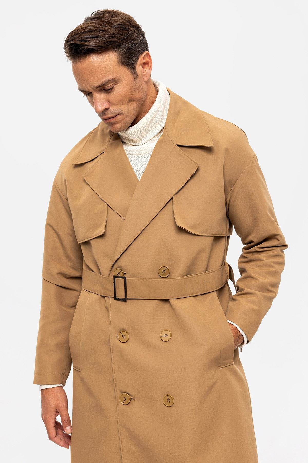 Antioch Camel Kruvaze Kapama Kemerli Trençkot