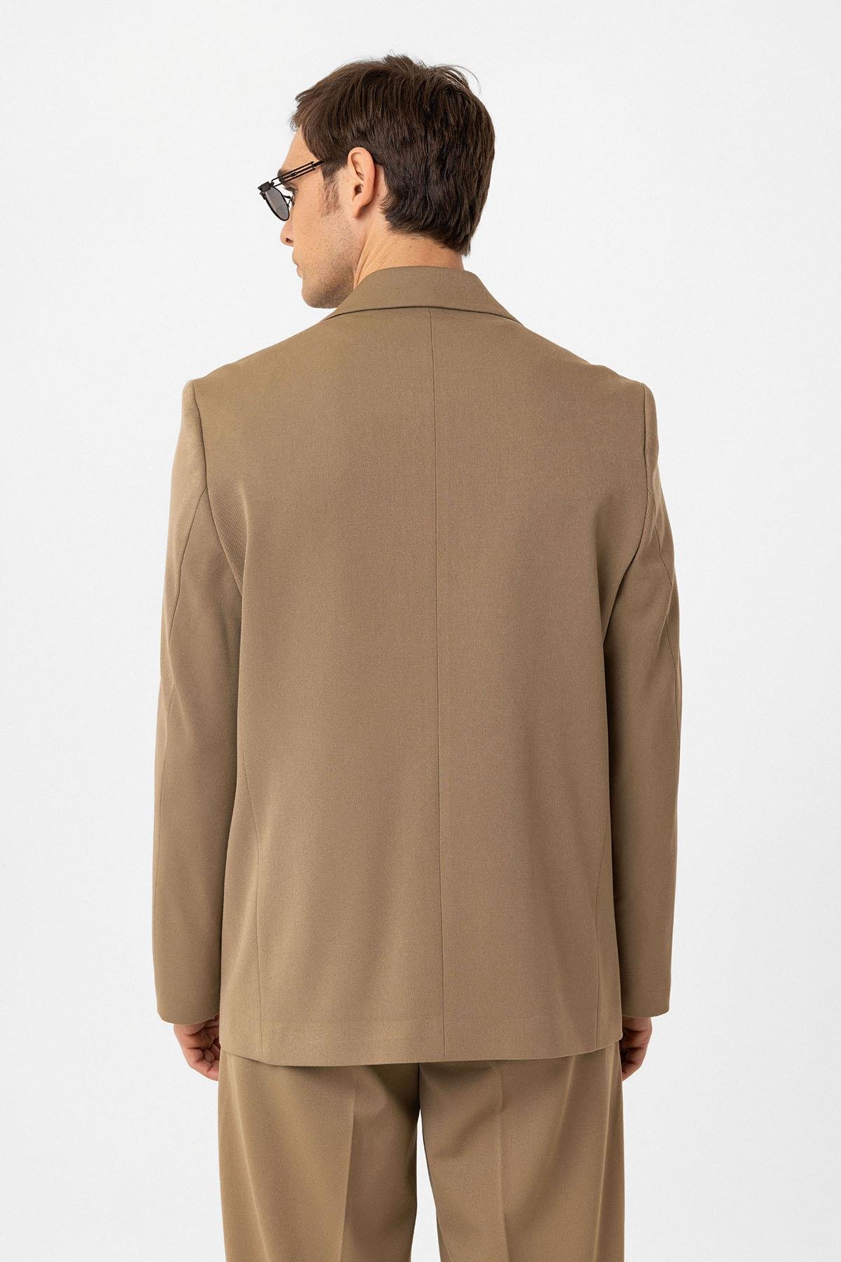 Antioch Camel Relax Fit Kruvaze Erkek Blazer Ceket