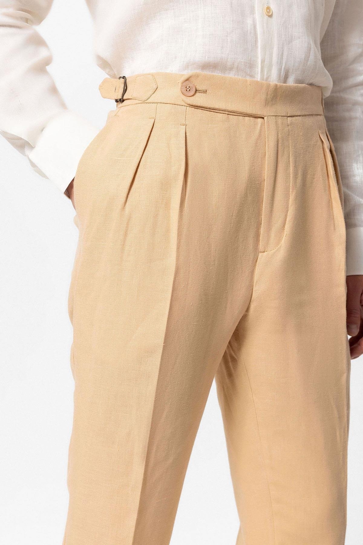 Antioch Camel Yüksek Bel %100 Keten Pileli Erkek Pantolon