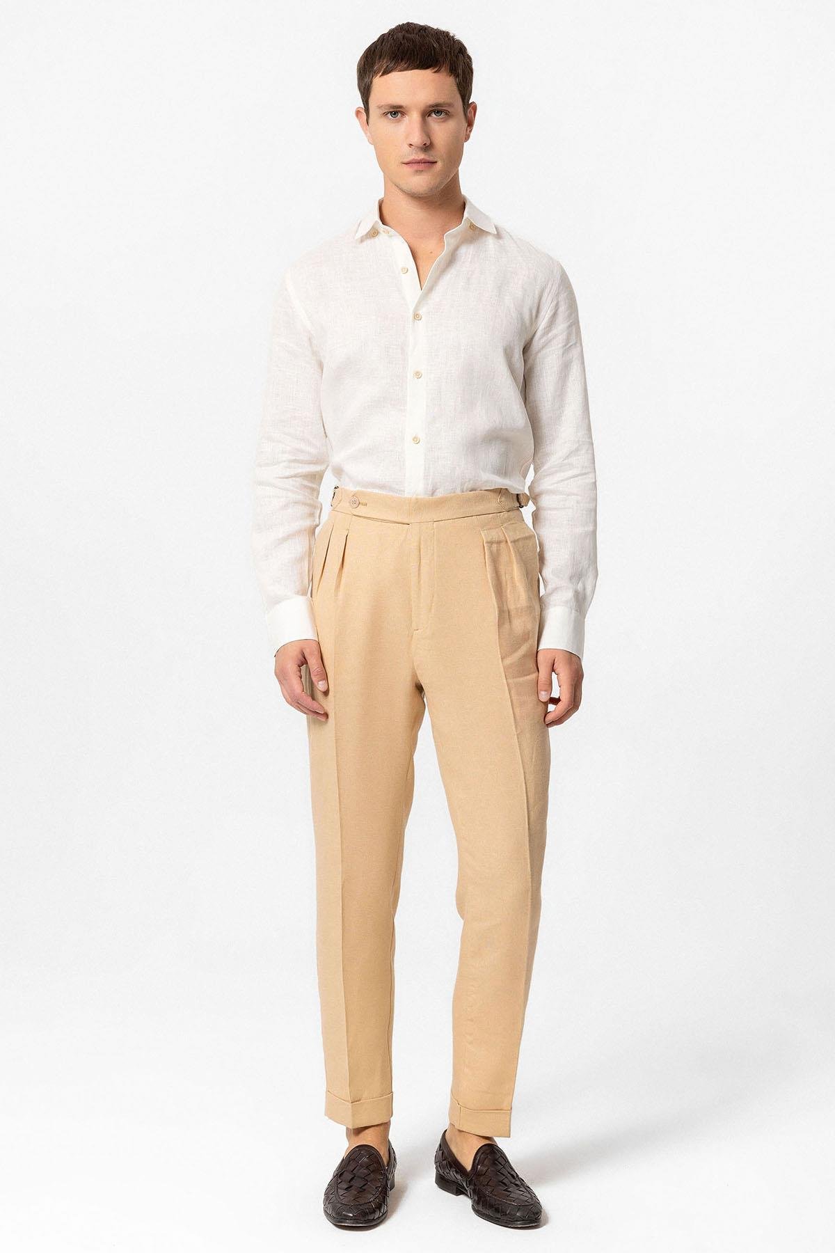 Antioch Camel Yüksek Bel %100 Keten Pileli Erkek Pantolon
