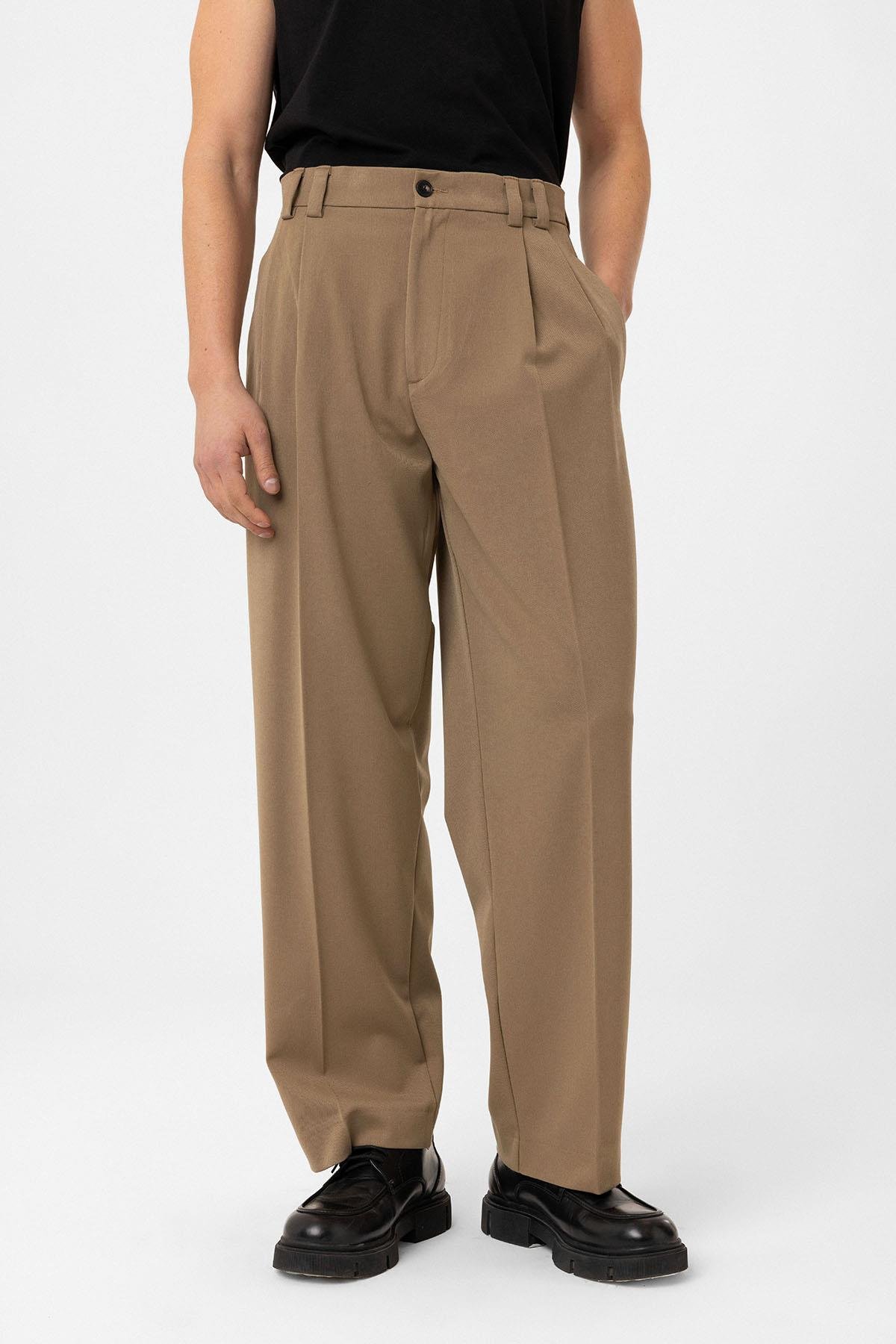 Antioch Camel Yüksel Bel Relax Fit Pileli Erkek Pantolon