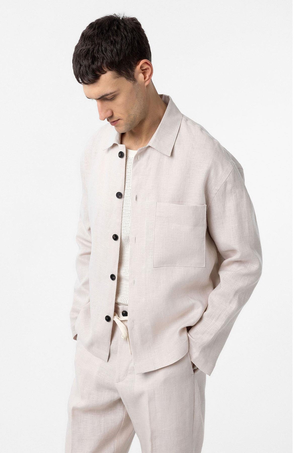 Antioch Ekru 100% Keten Relax Fit Erkek İnce Ceket