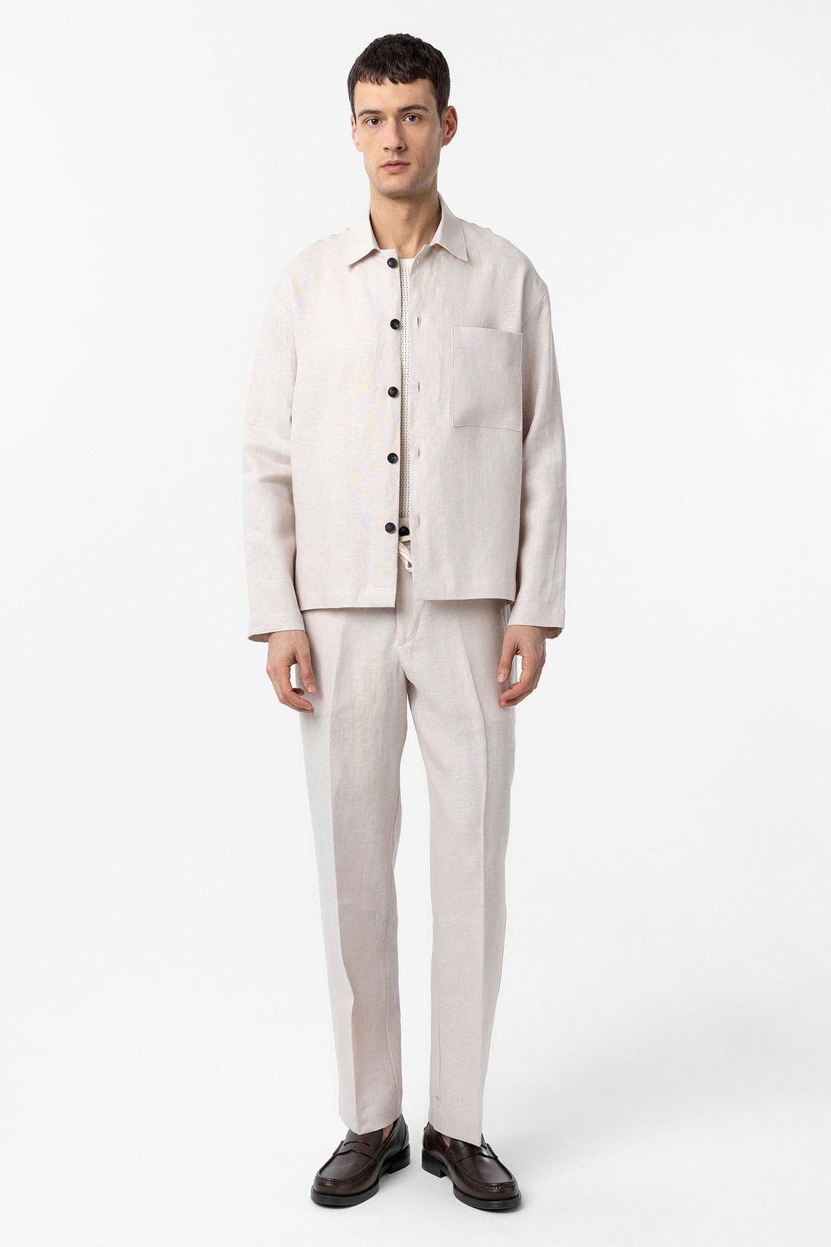 Antioch Ekru 100% Keten Relax Fit Erkek İnce Ceket
